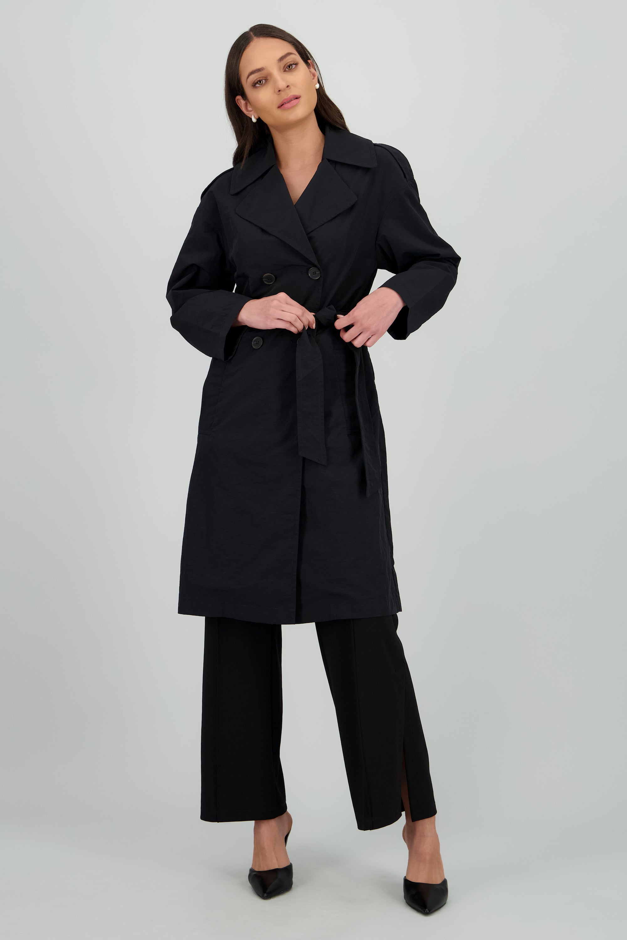 Gabardina larga lisa botones NEGRO