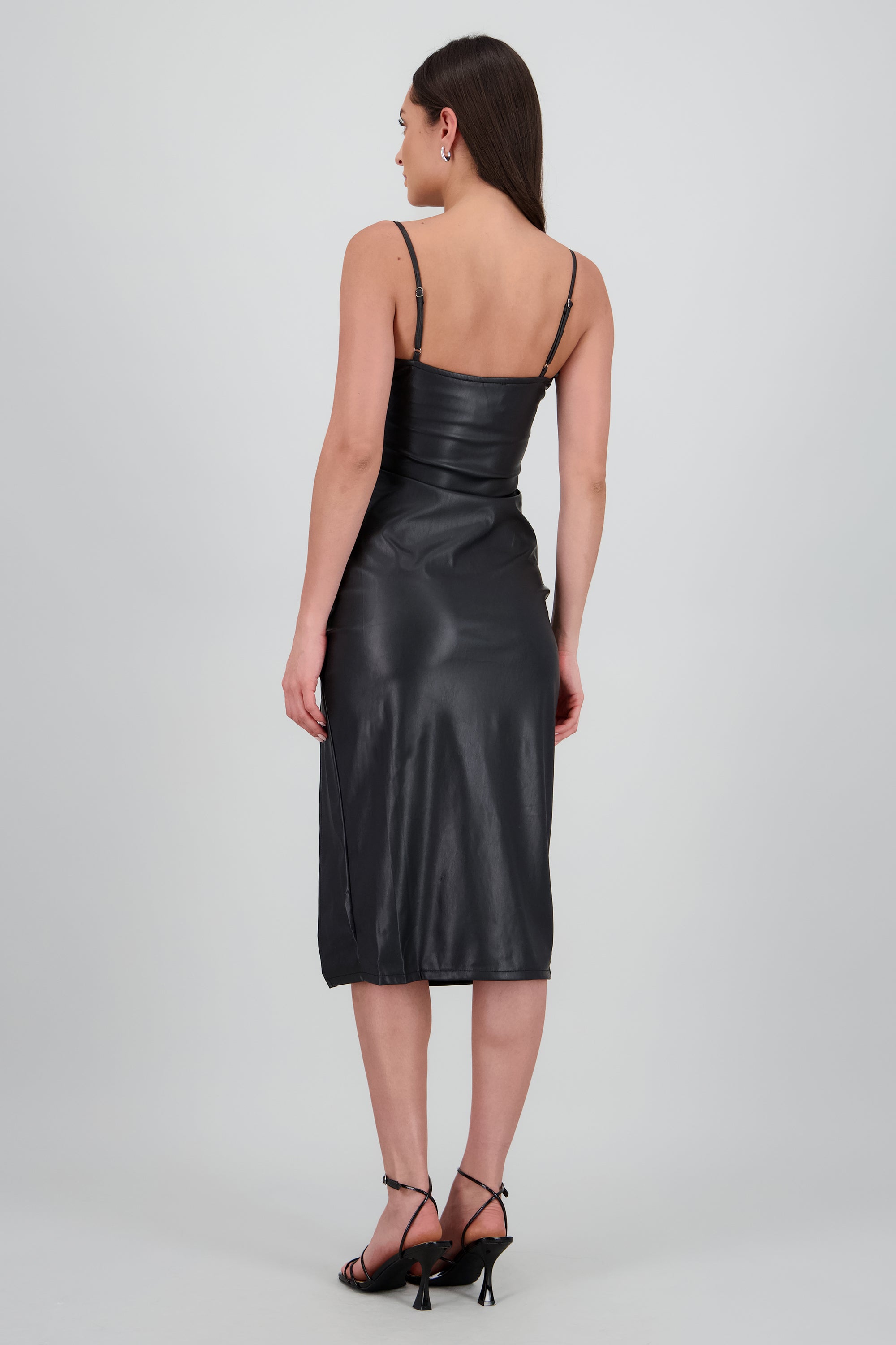 Vestido PU tirantes drapeado NEGRO