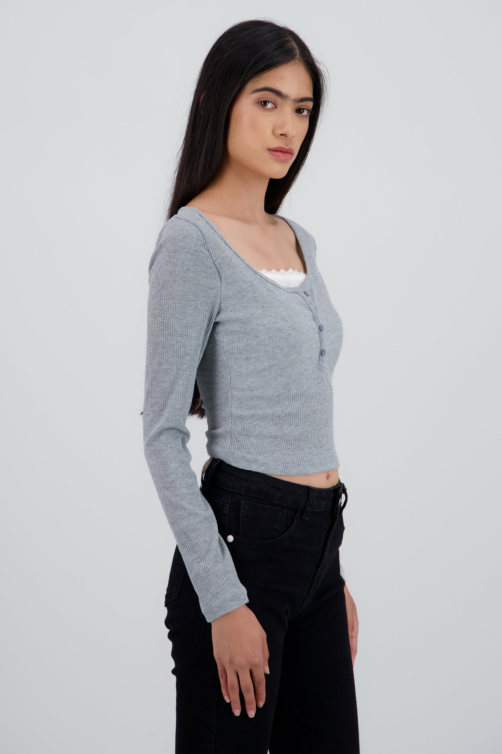 Top manga larga detalle doble camiseta GRIS