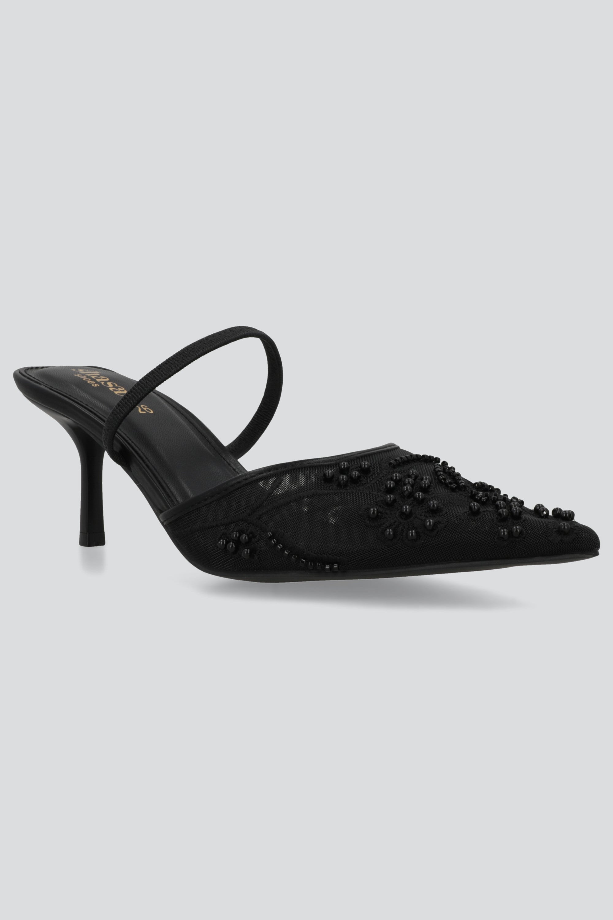 Tacón pointy mesh pedreria NEGRO