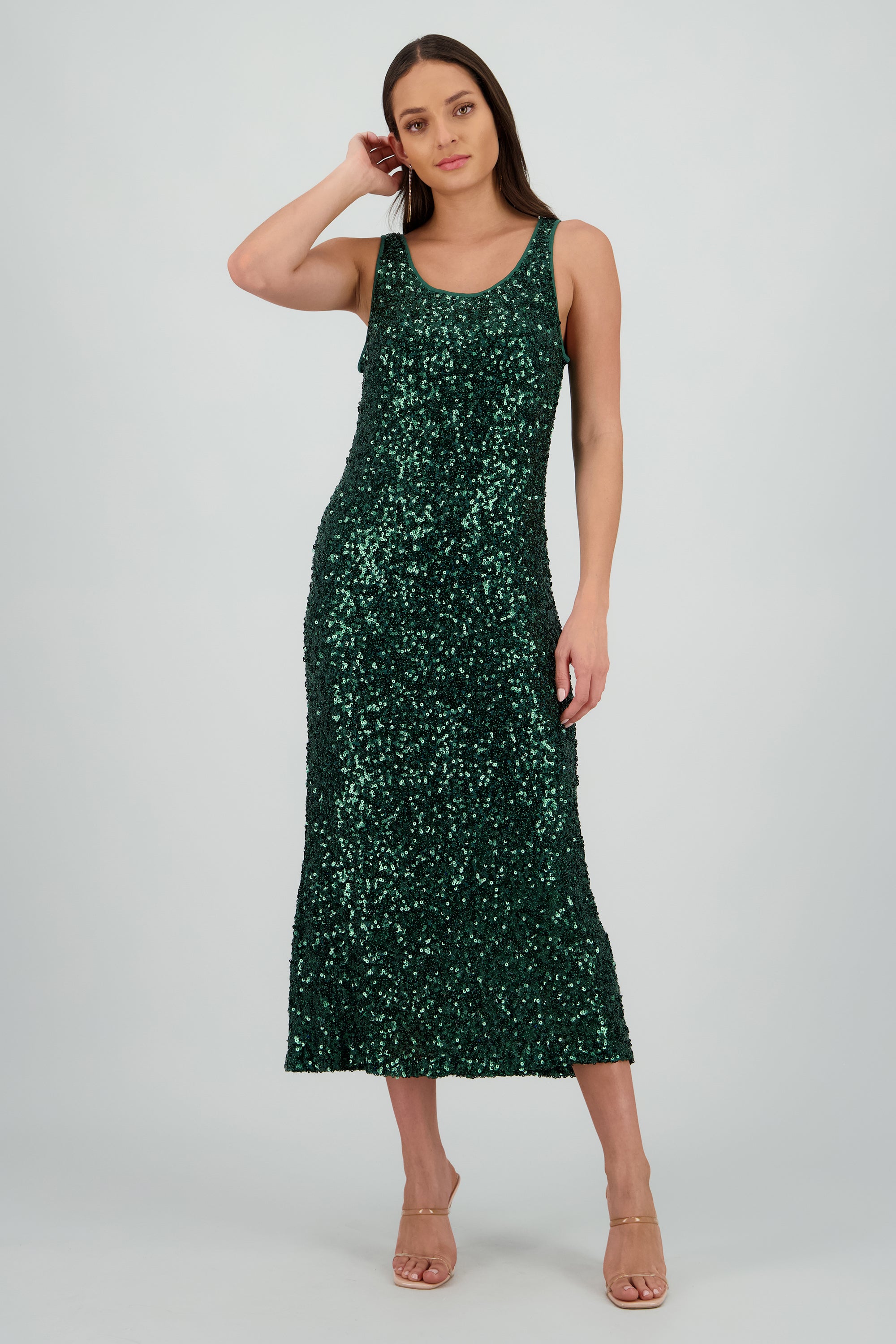 Vestido midi lentejuelas VERDE CAZADOR