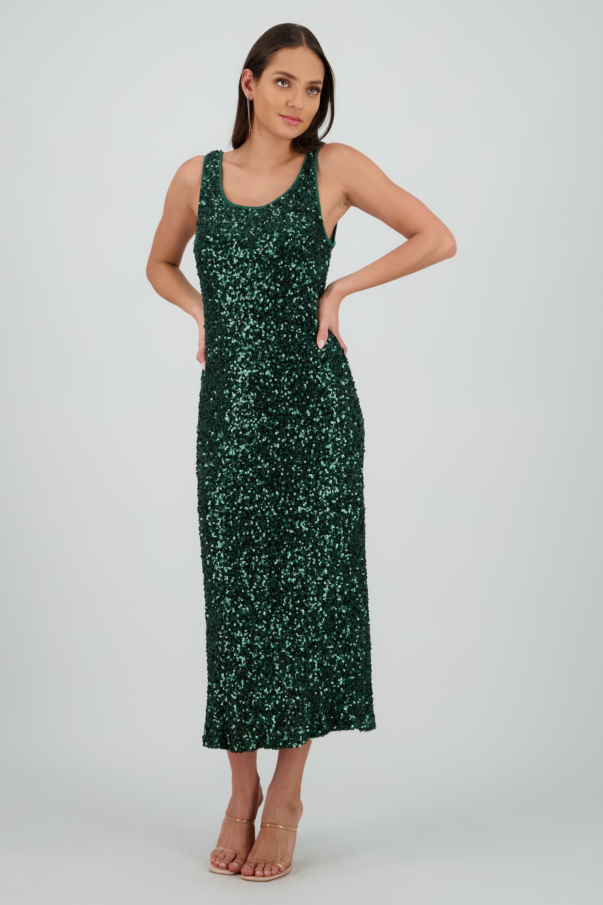 Vestido midi lentejuelas VERDE CAZADOR