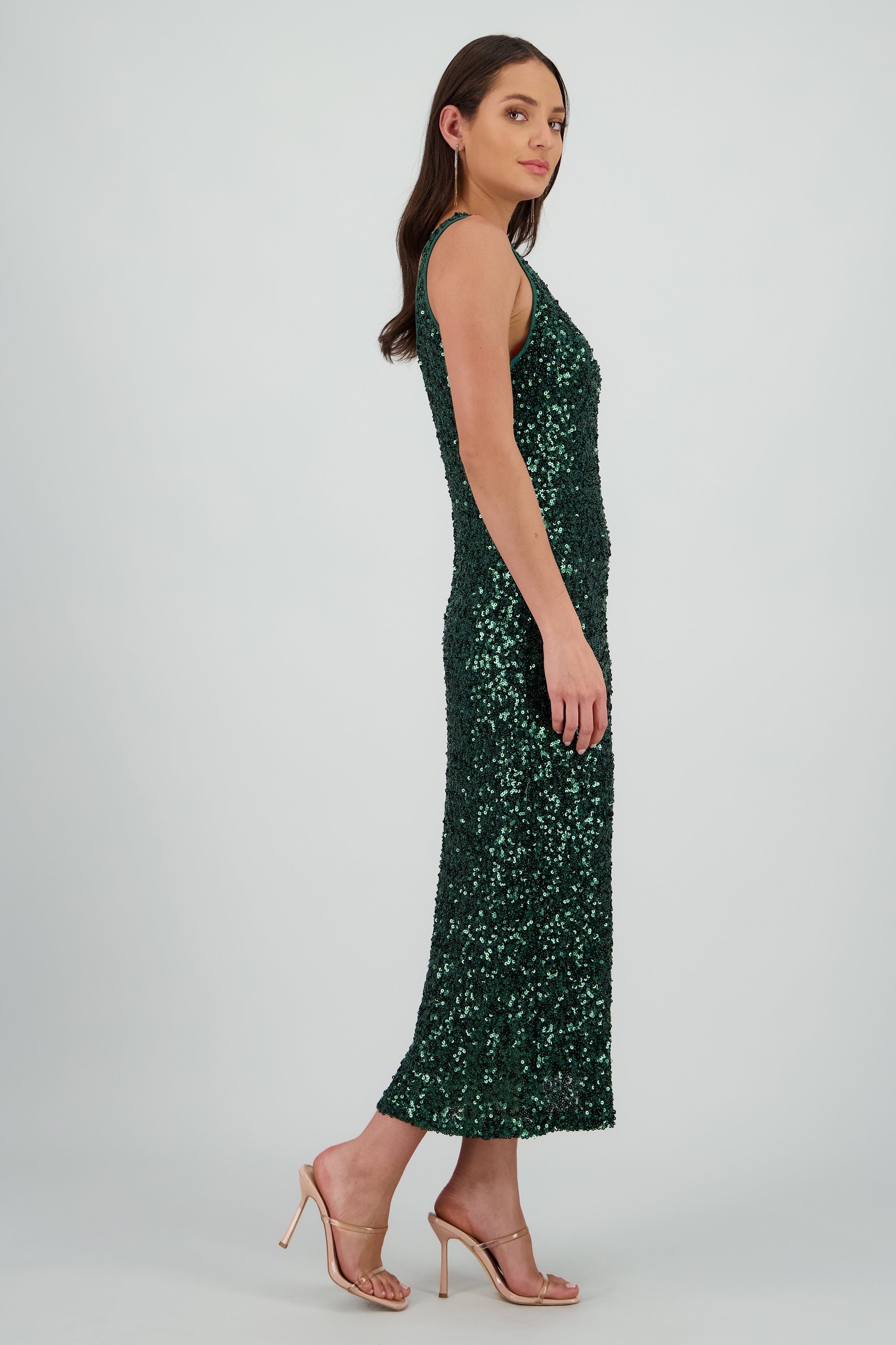 Vestido midi lentejuelas VERDE CAZADOR