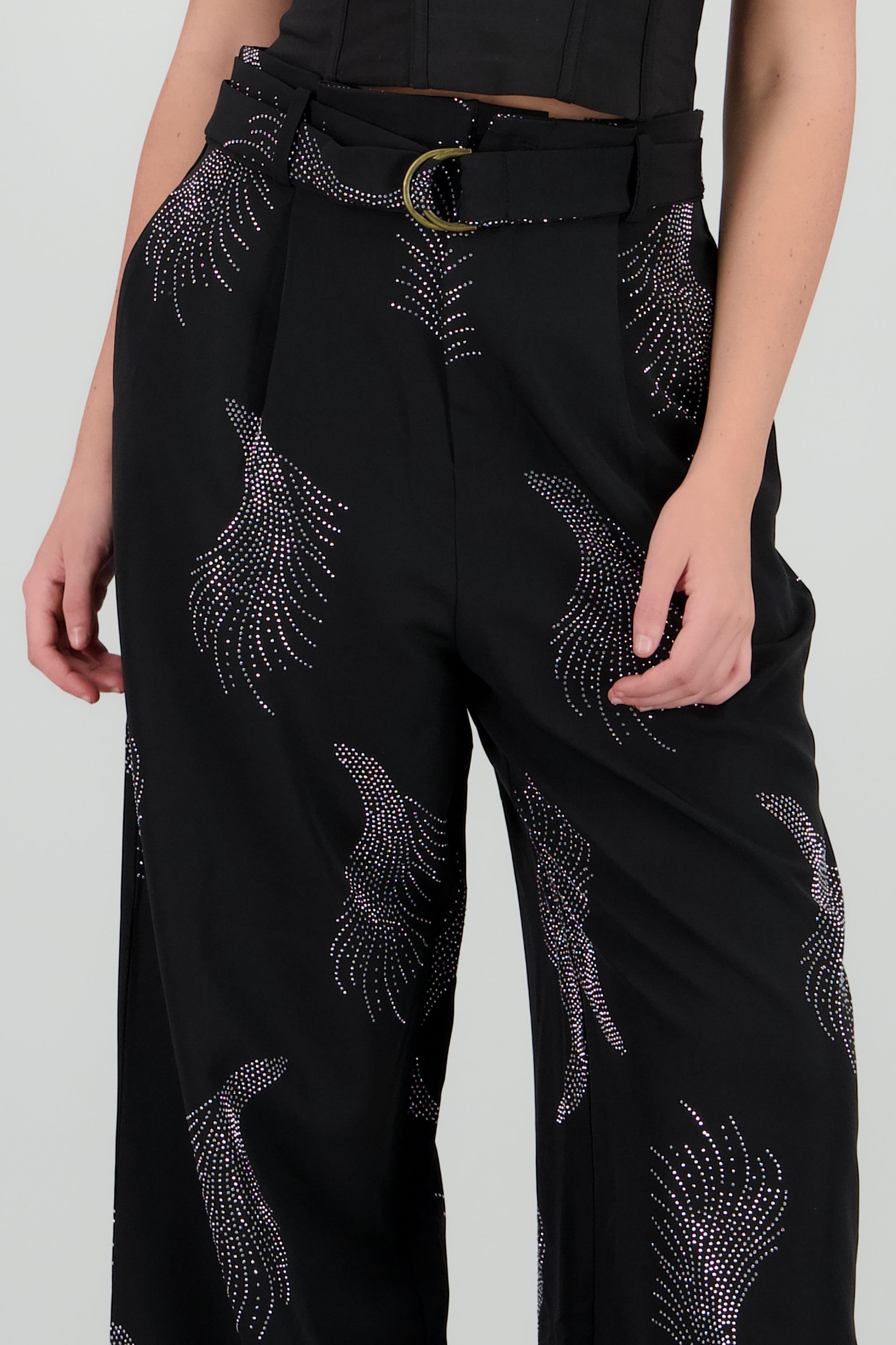 Pantalon amplio detalle brillos NEGRO