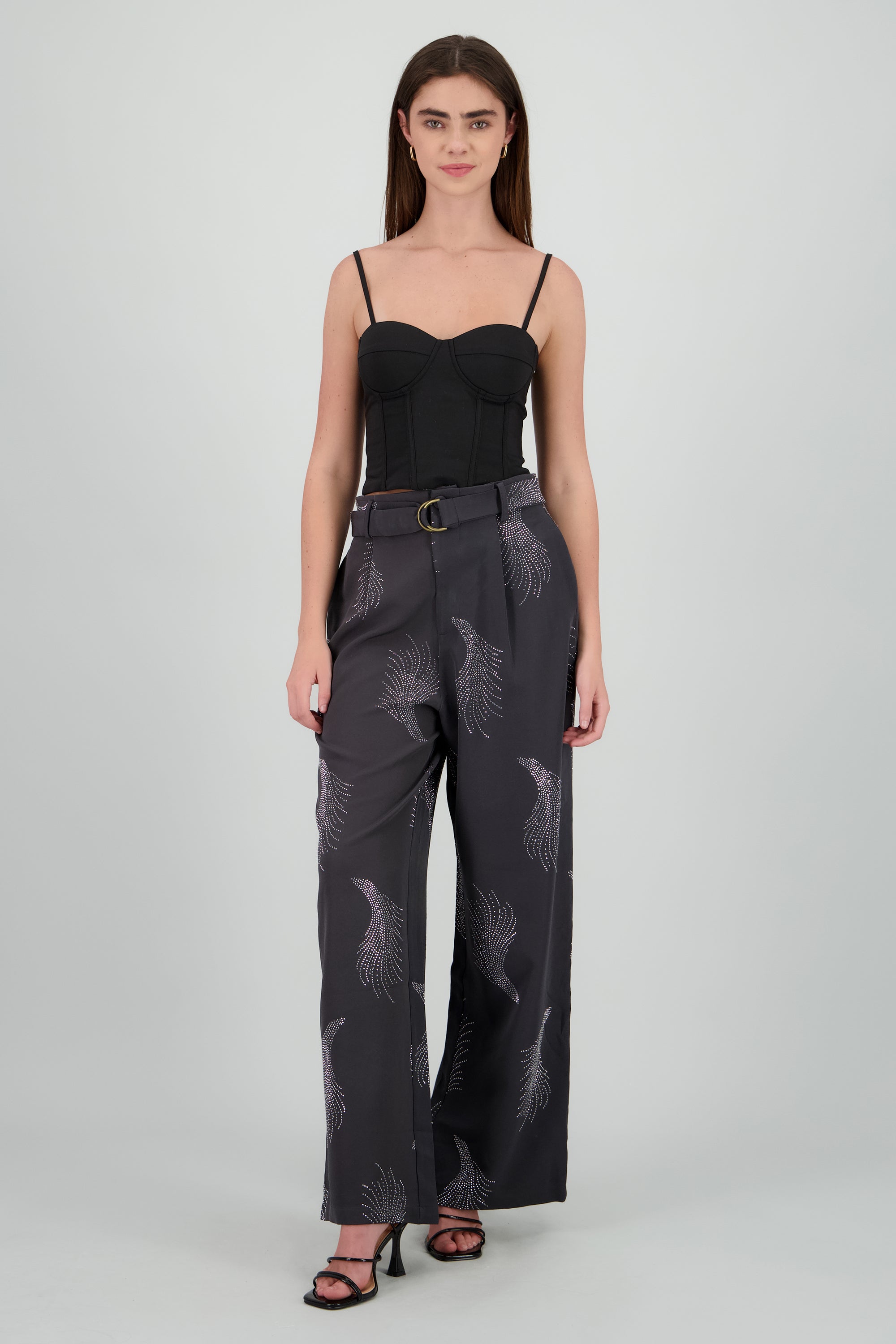 Pantalon amplio detalle brillos GRIS