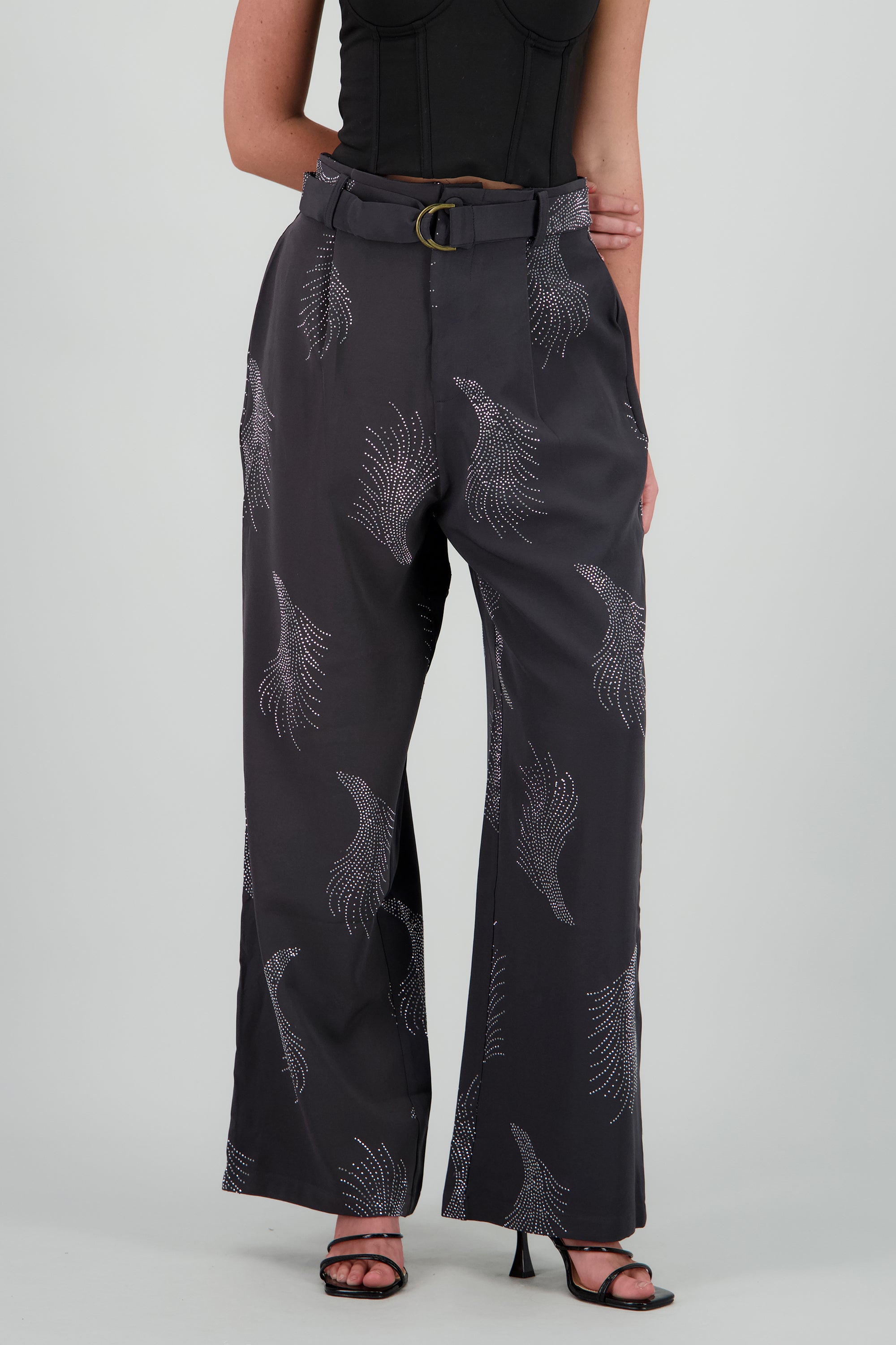 Pantalon amplio detalle brillos GRIS