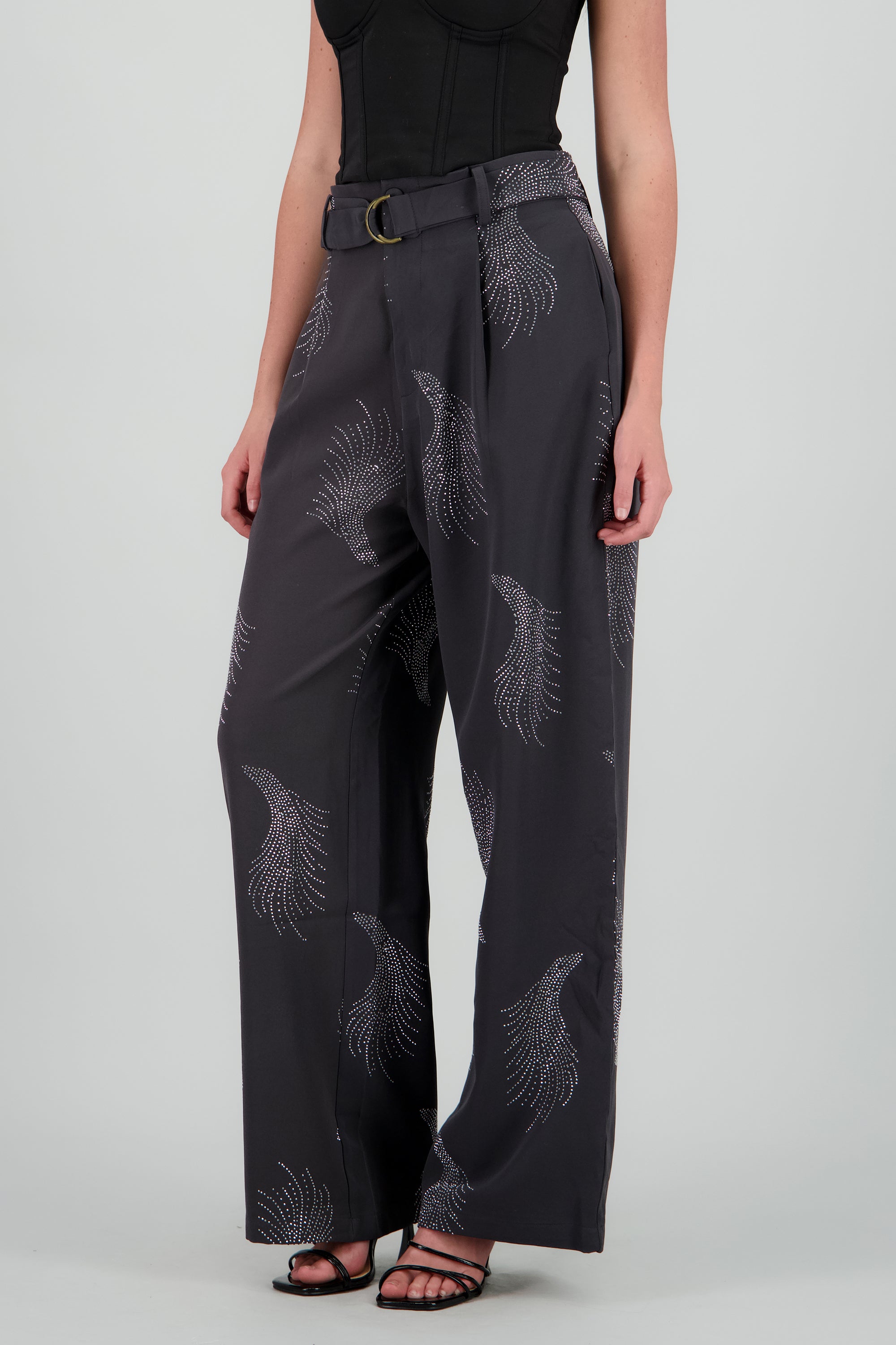 Pantalon amplio detalle brillos GRIS