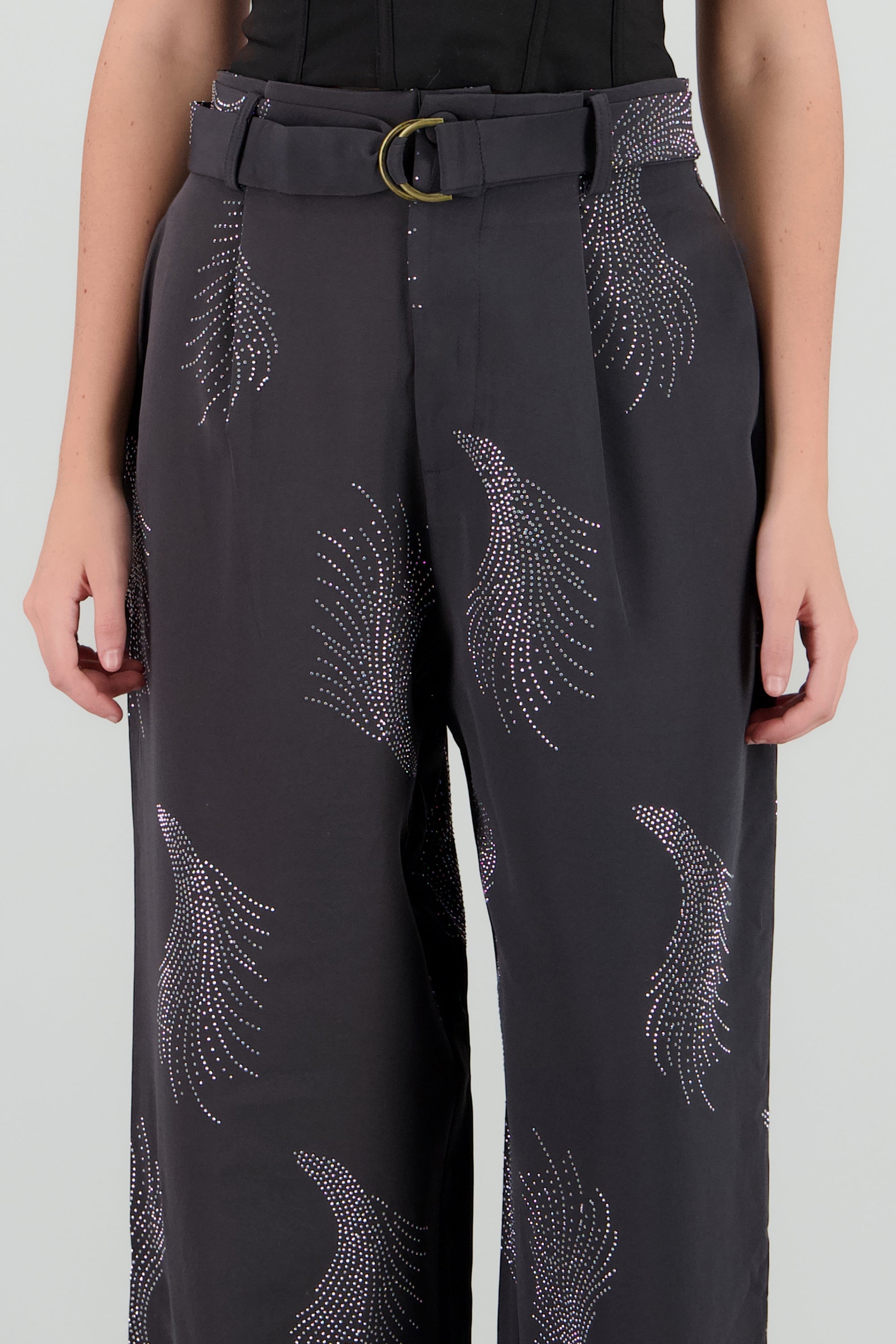 Pantalon amplio detalle brillos GRIS