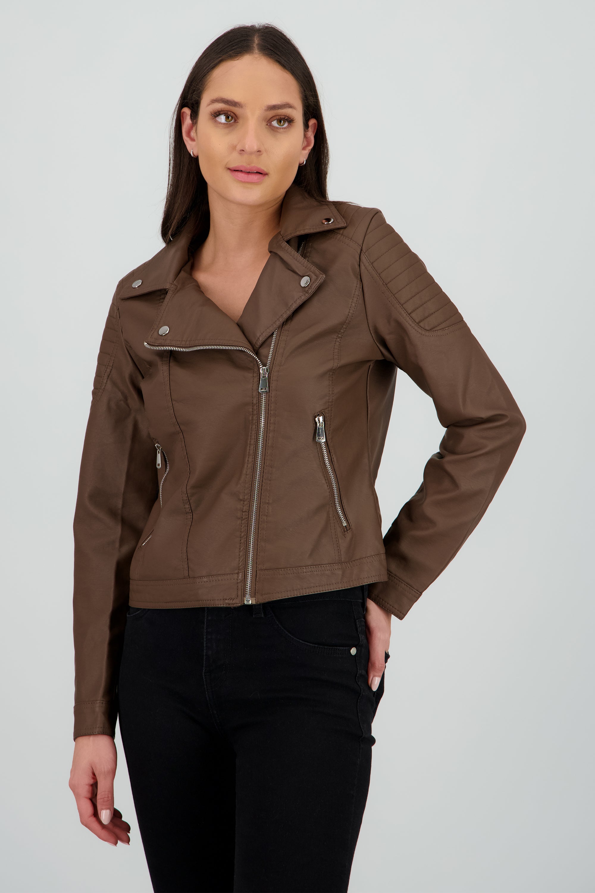 Chamarra pu biker cruzada CHOCOLATE