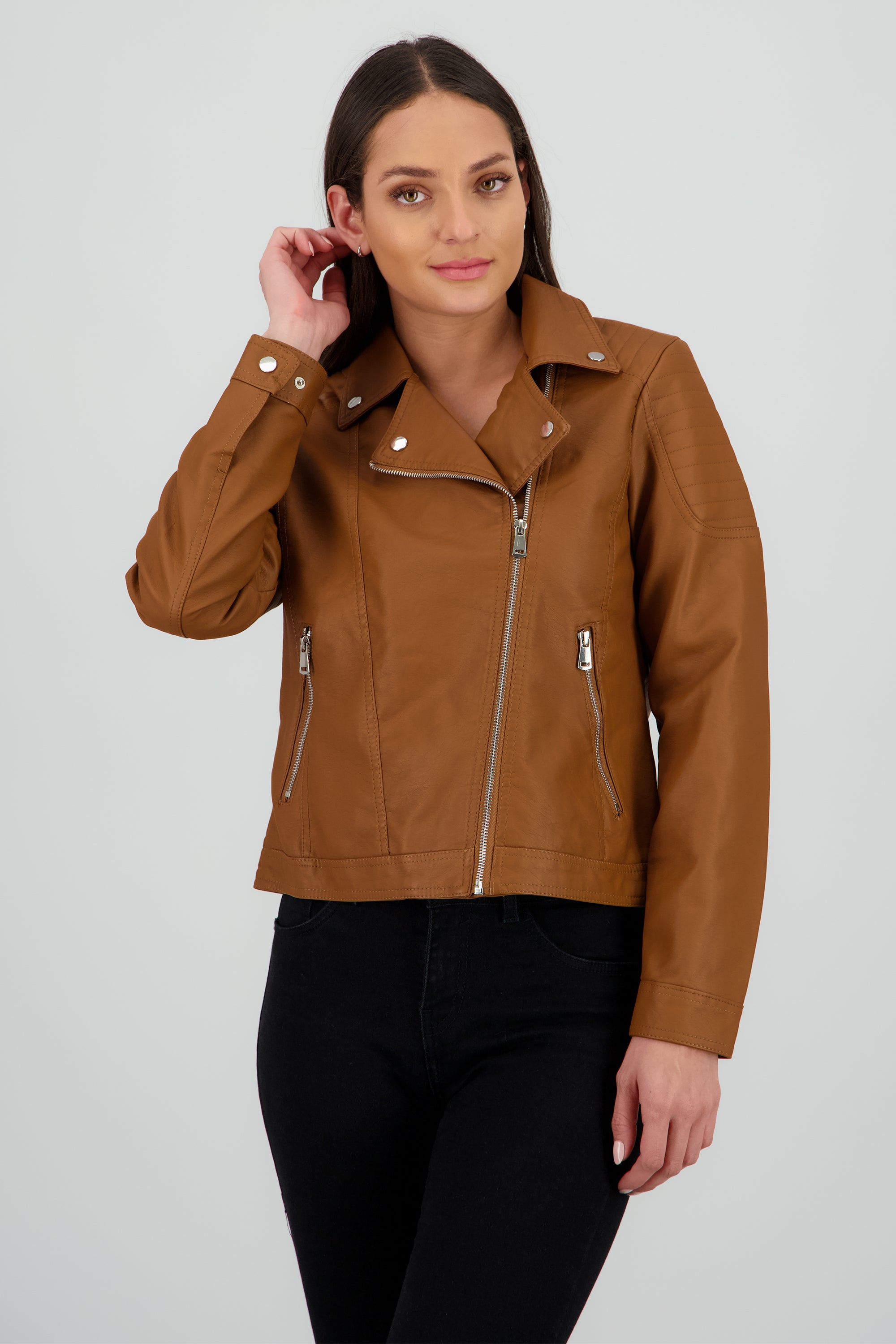 Chamarra pu biker cruzada CAMELLO