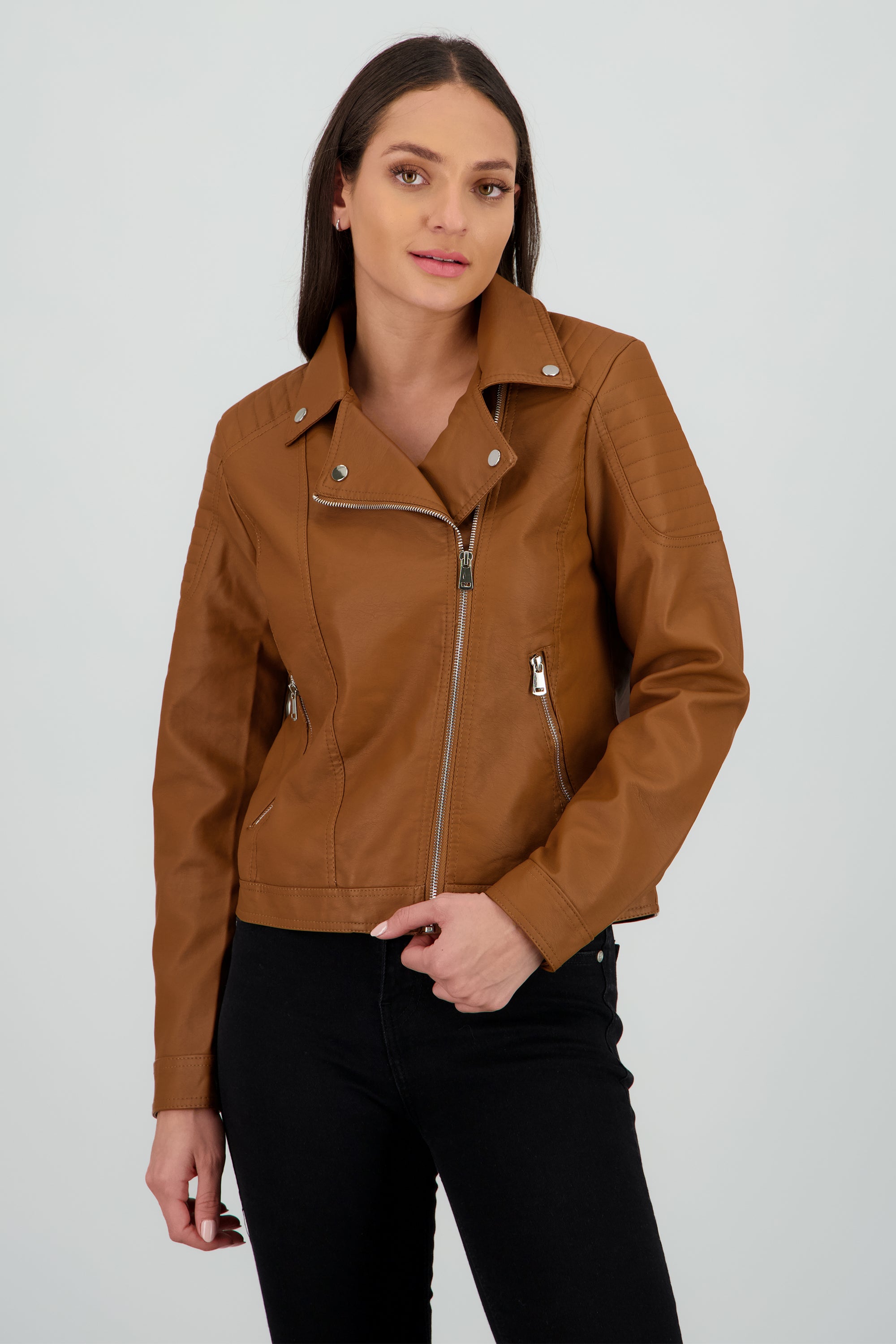 Chamarra pu biker cruzada CAMELLO