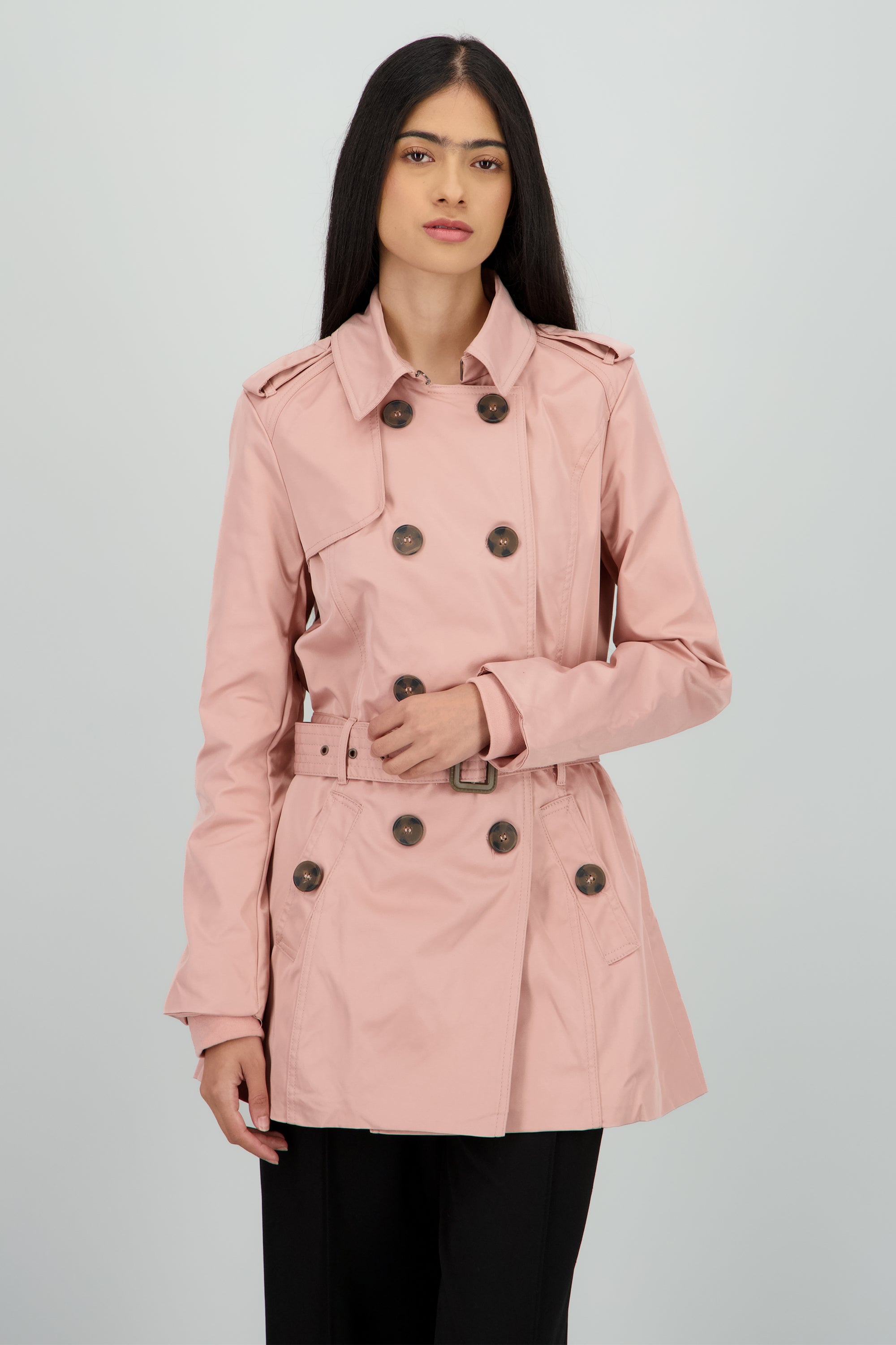 Gabardina lisa detalle cinturon ROSA