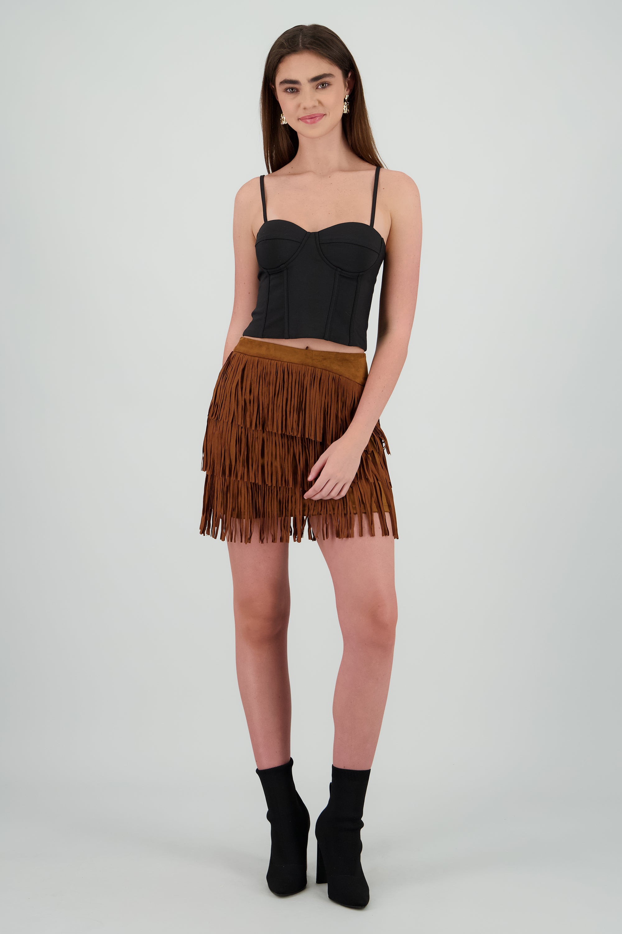 Falda mini fringe suede CAMELLO
