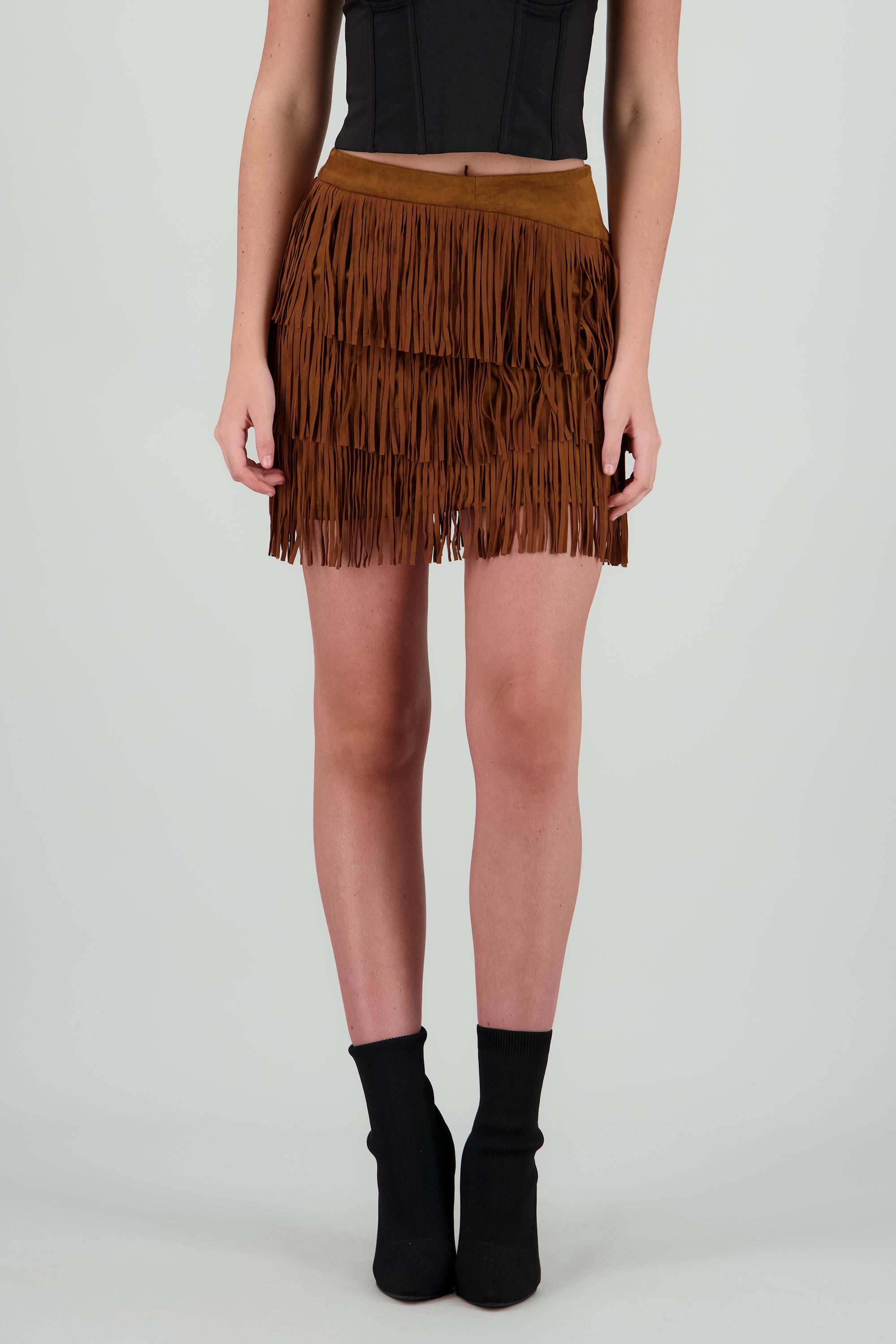 Falda mini fringe suede CAMELLO