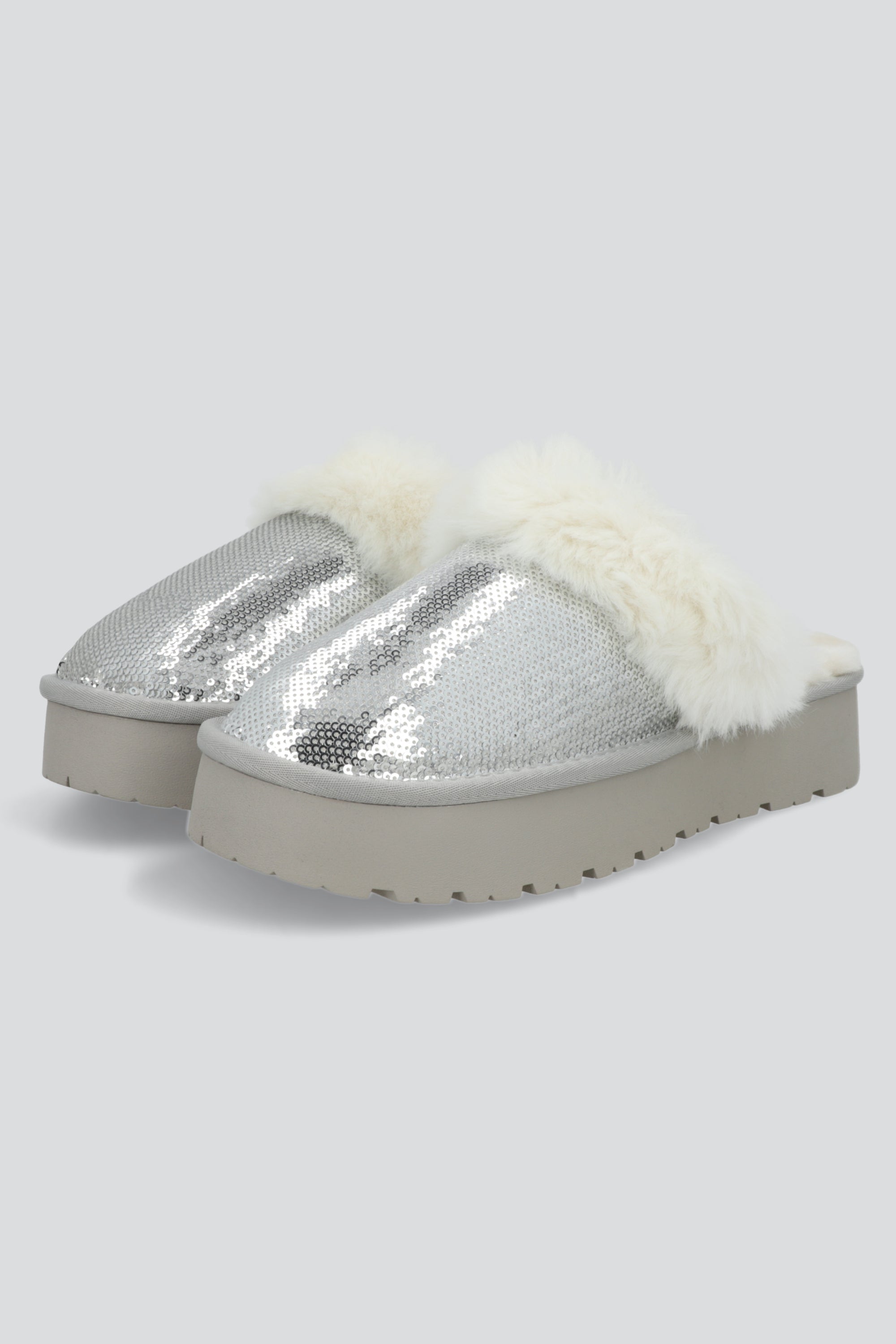 Pantufla peluda mula lentejuela PLATA