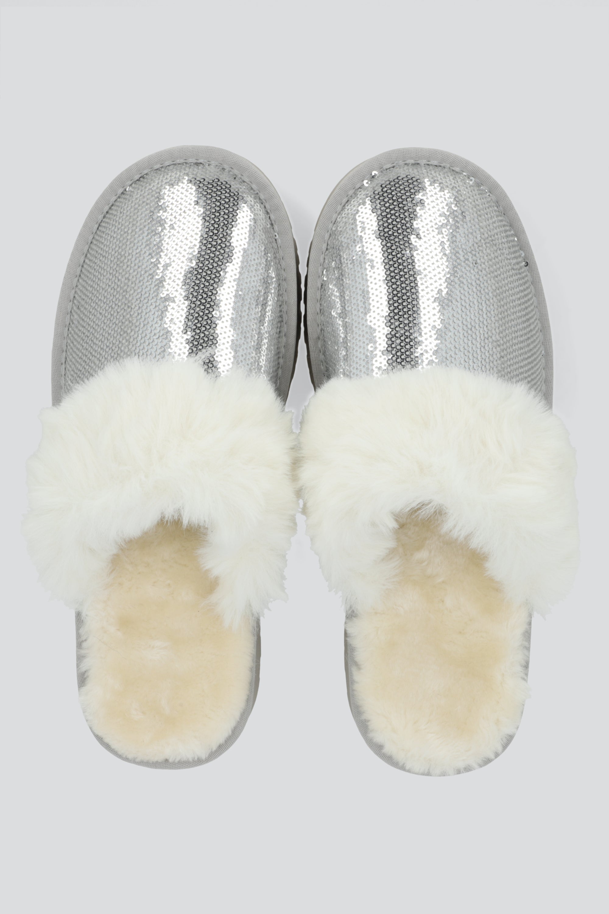 Pantufla peluda mula lentejuela PLATA