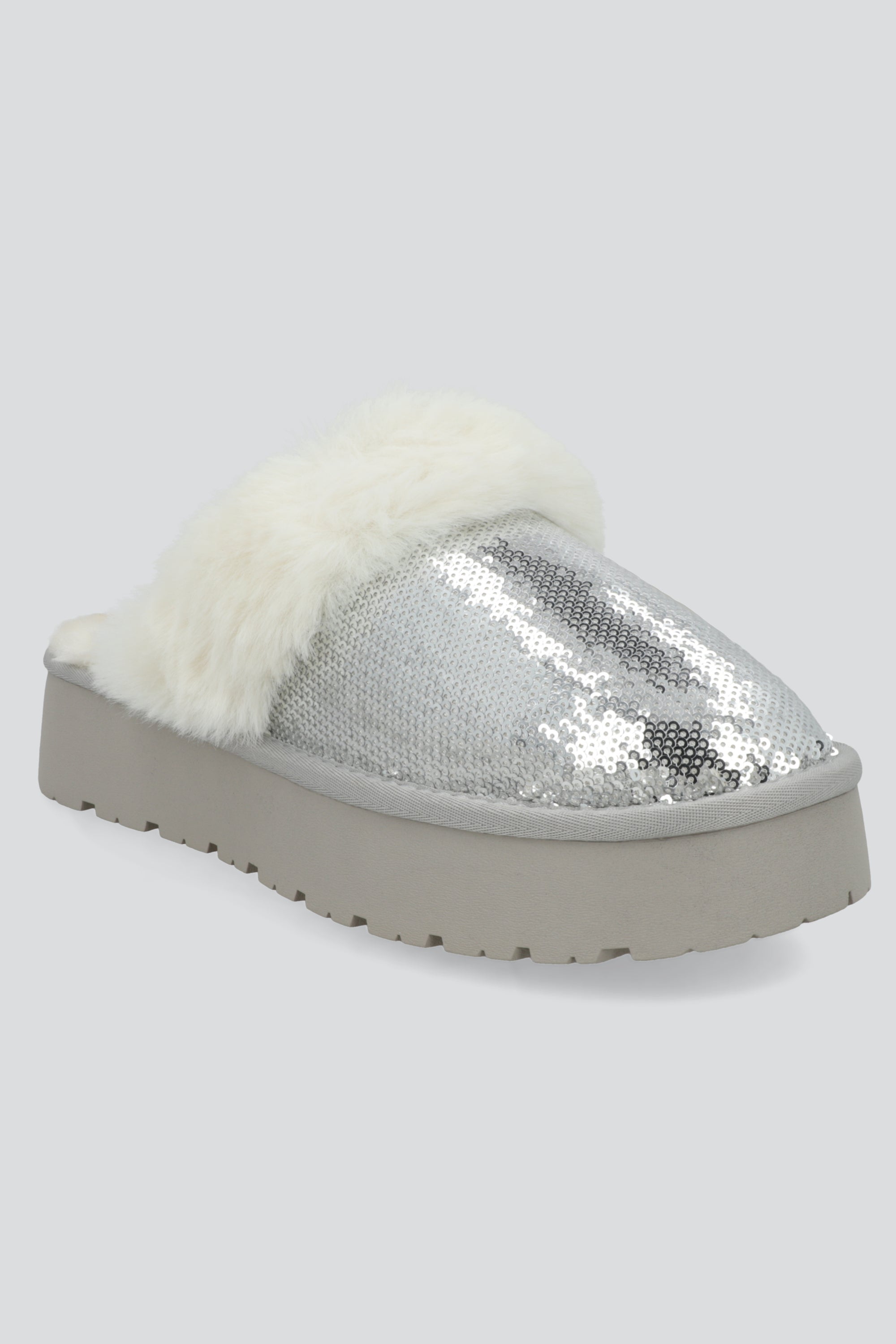 Pantufla peluda mula lentejuela PLATA