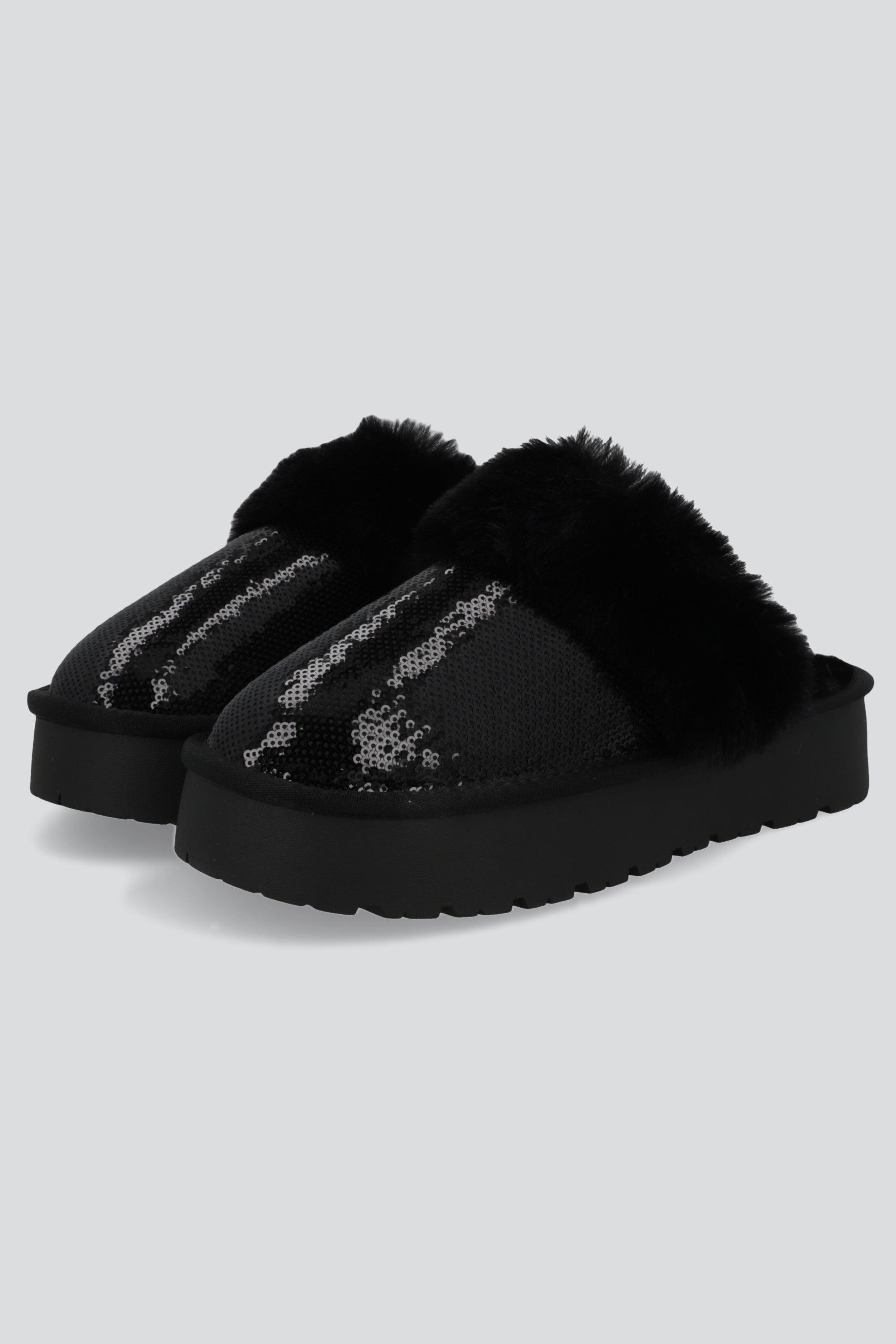 Pantufla peluda mula lentejuela NEGRO