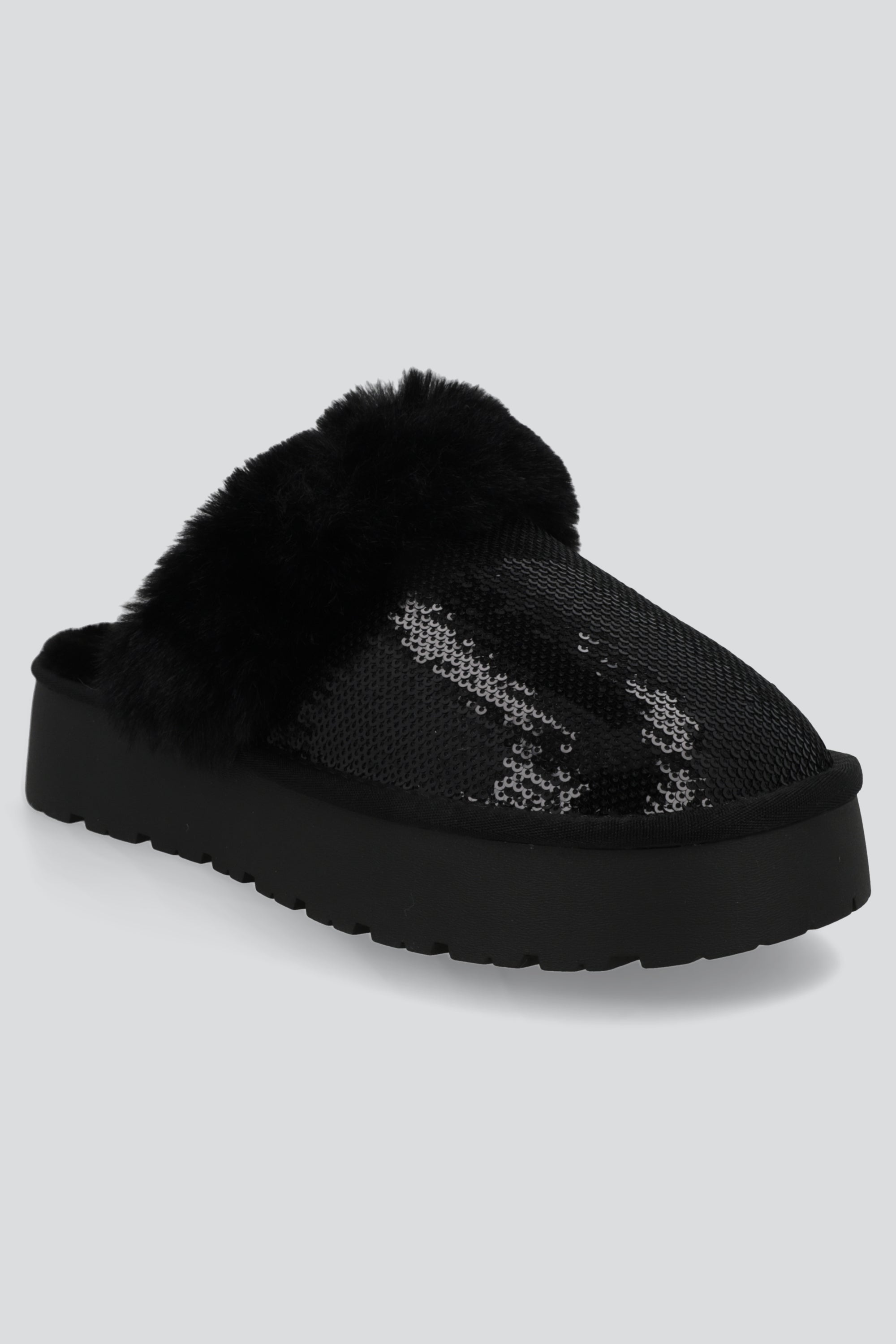 Pantufla peluda mula lentejuela NEGRO