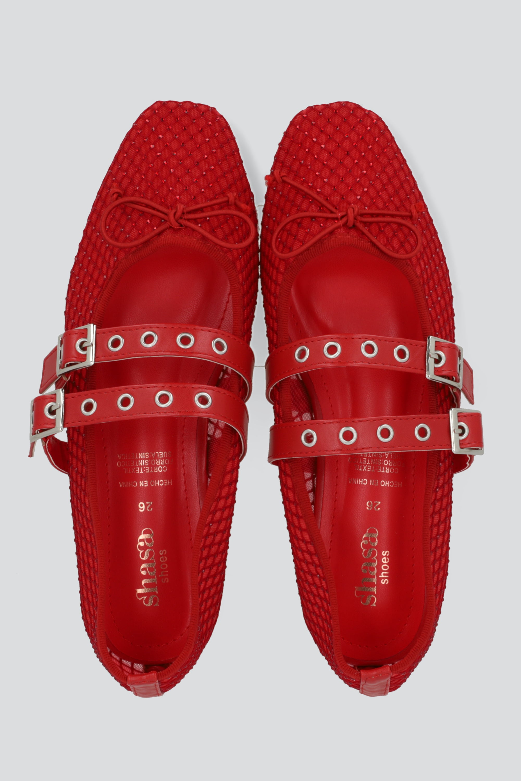 Flat mesh brillos dos tiras hebillas ROJO