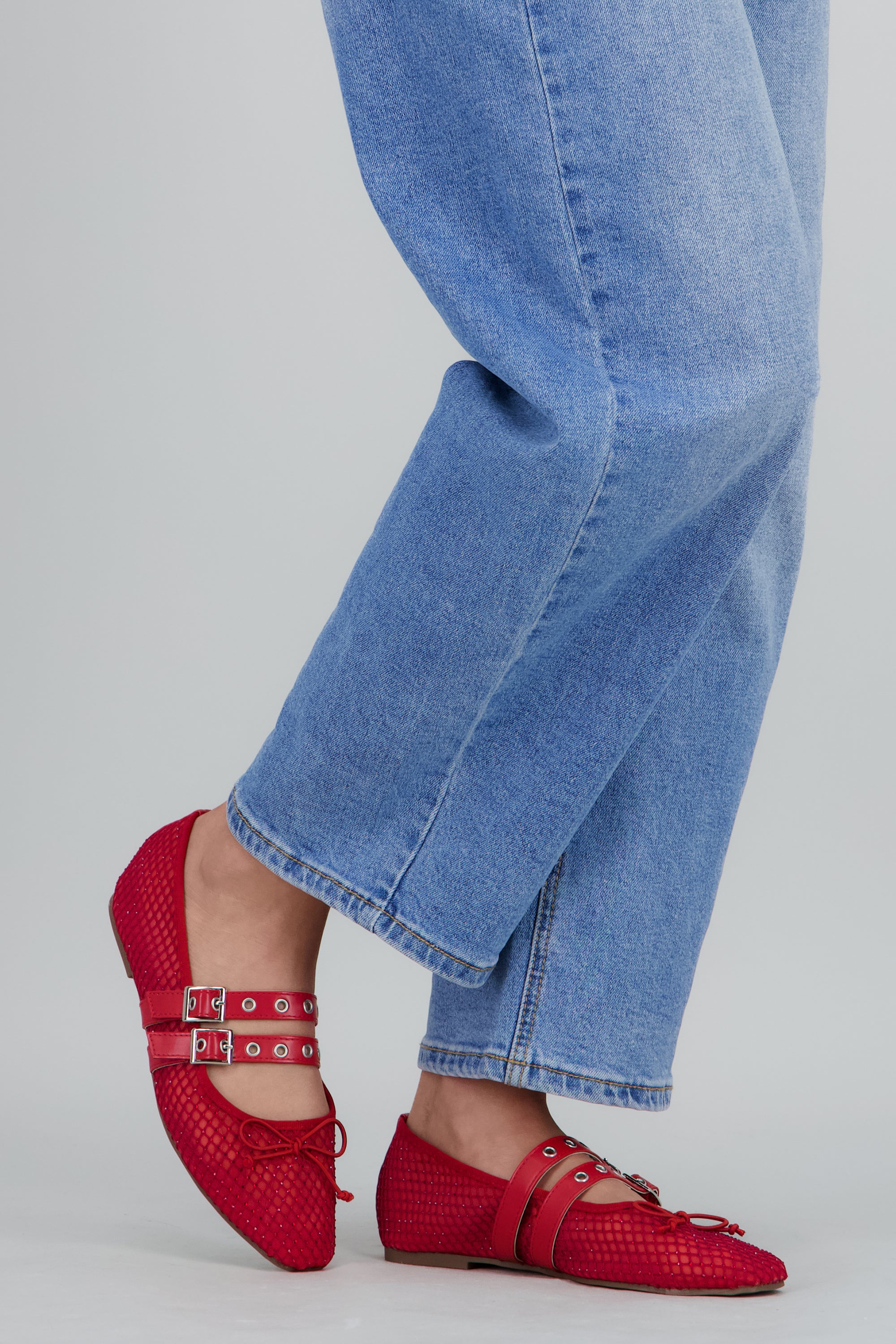 Flat mesh brillos dos tiras hebillas ROJO