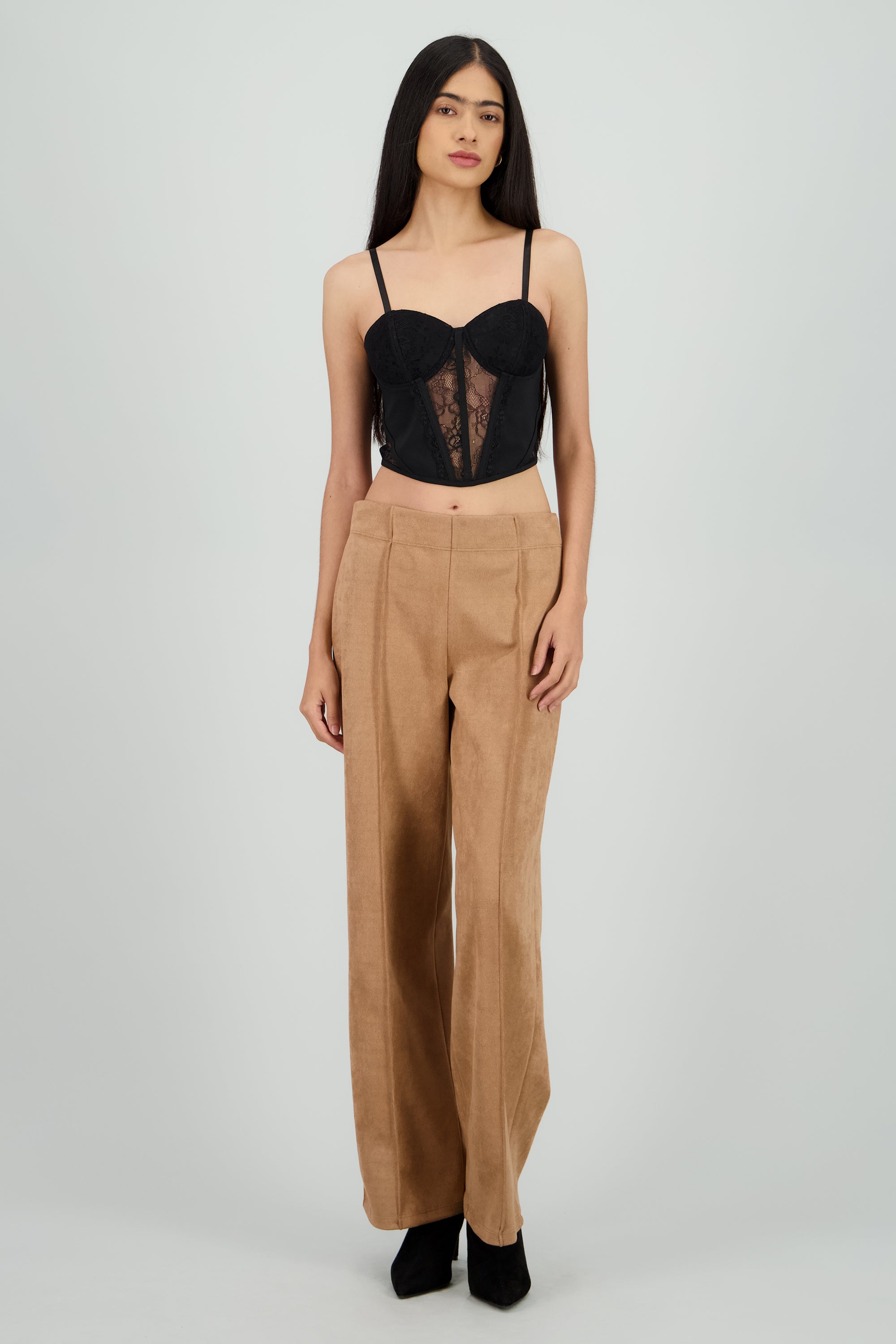 Pantalon amplio suede detalle costura BEIGE