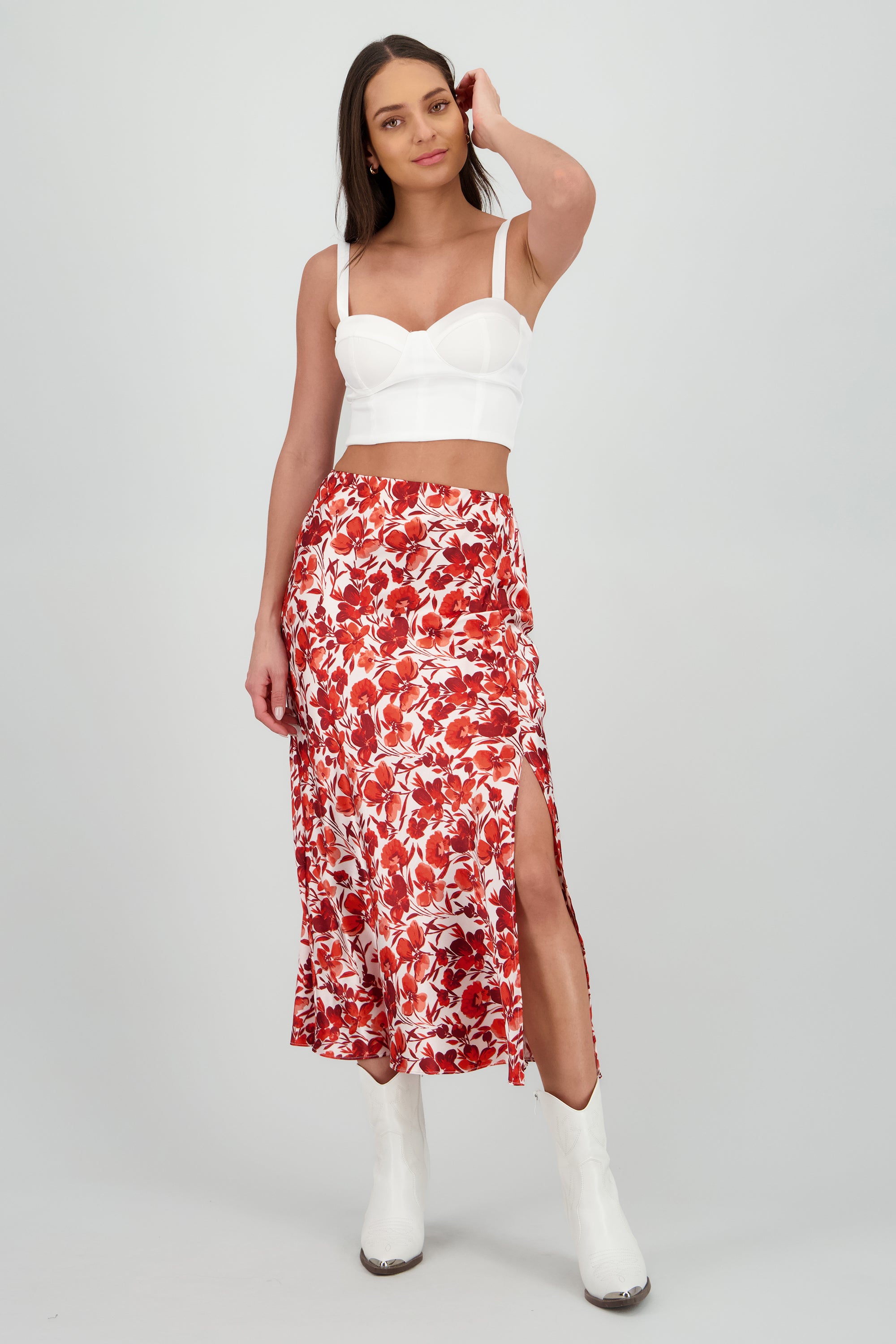 Falda midi santinada flores ROJO COMBO