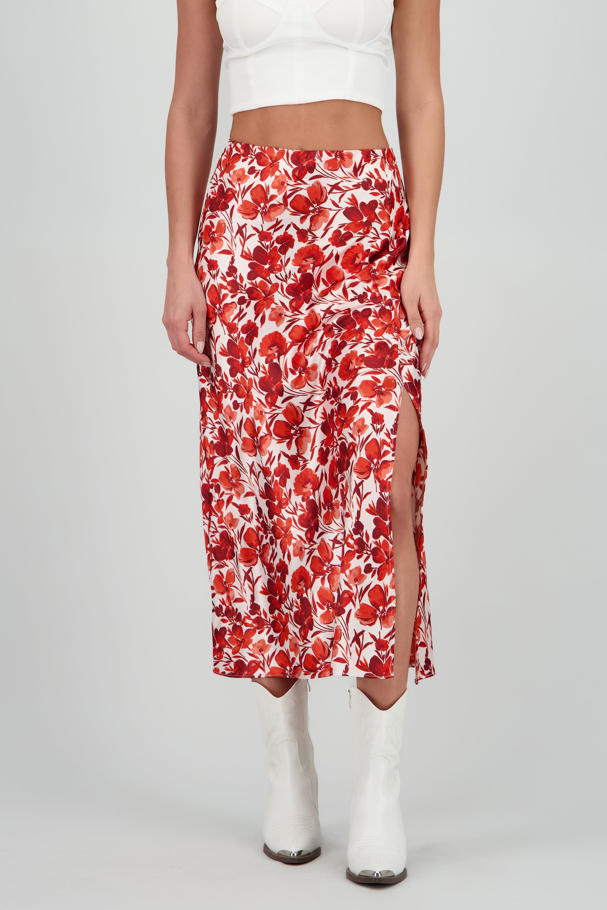 Falda midi santinada flores ROJO COMBO