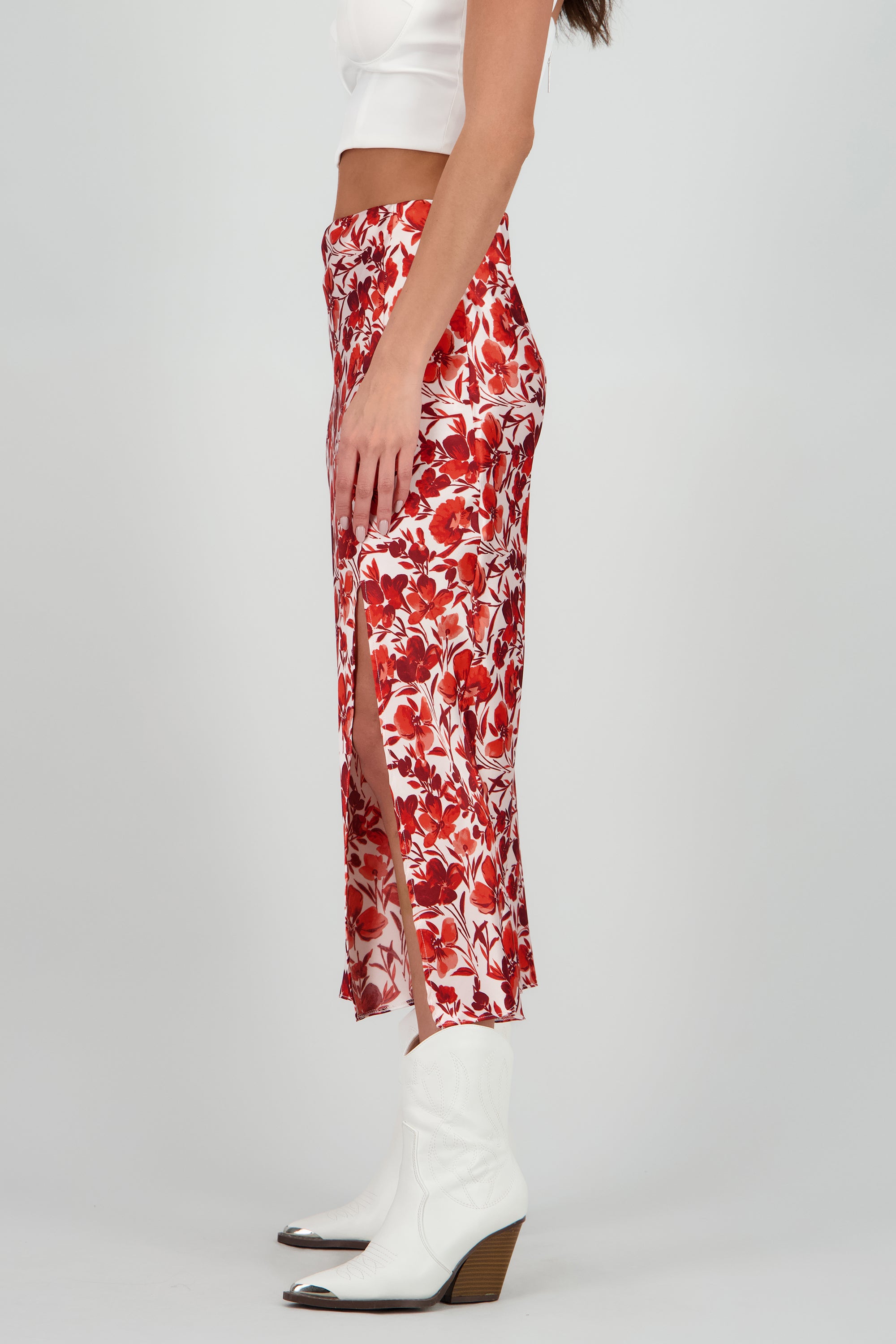 Falda midi santinada flores ROJO COMBO