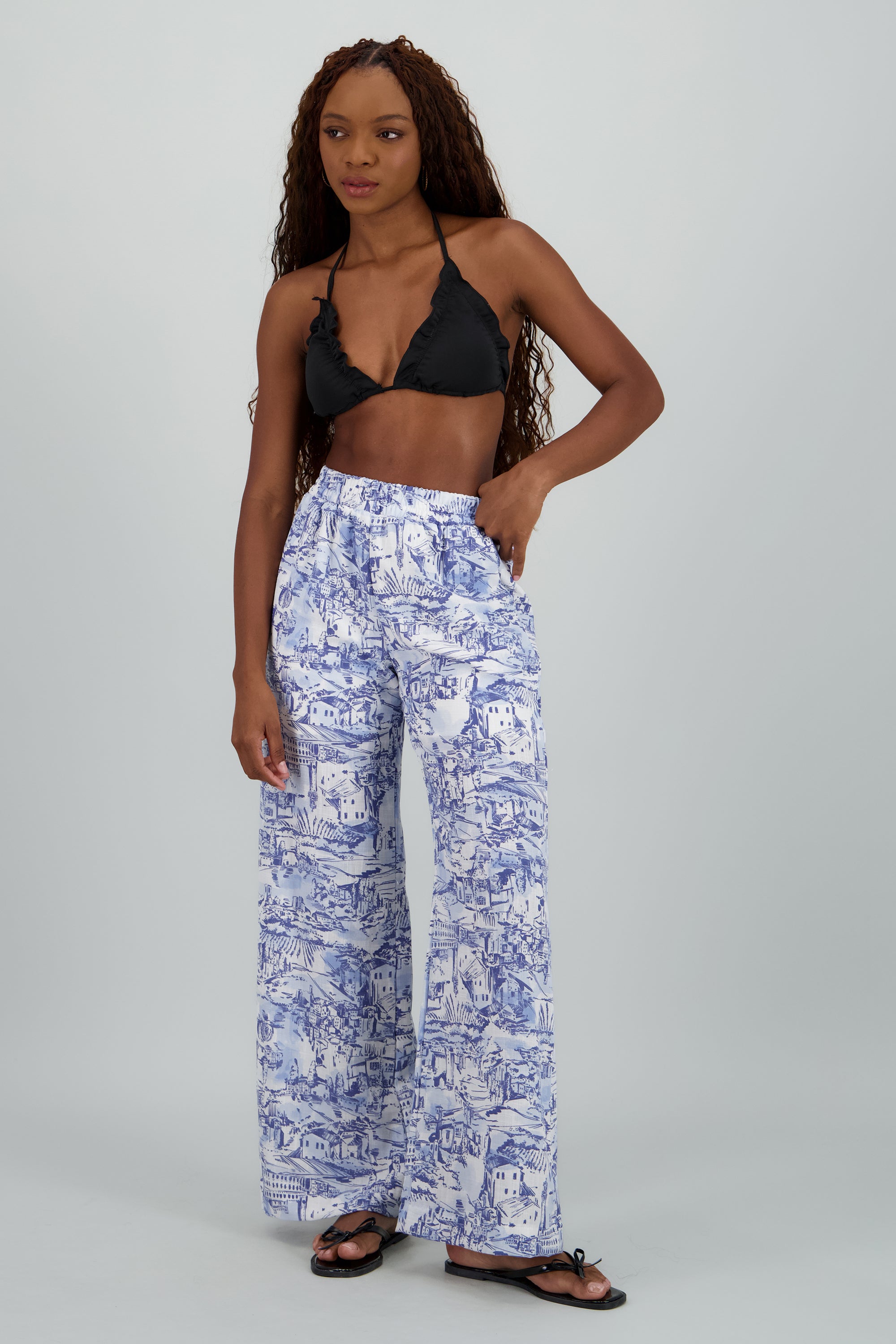 Pantalon recto estampado detalle elastico AZUL COMBO
