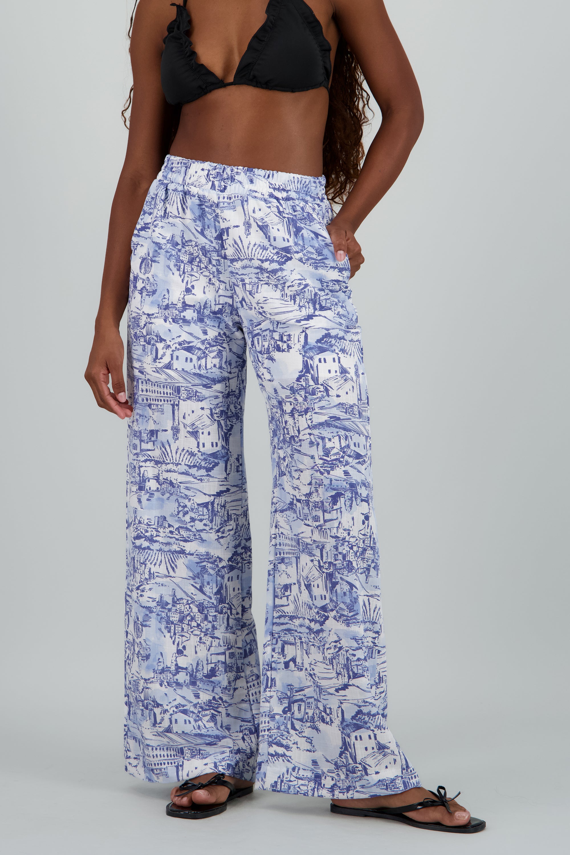 Pantalon recto estampado detalle elastico AZUL COMBO