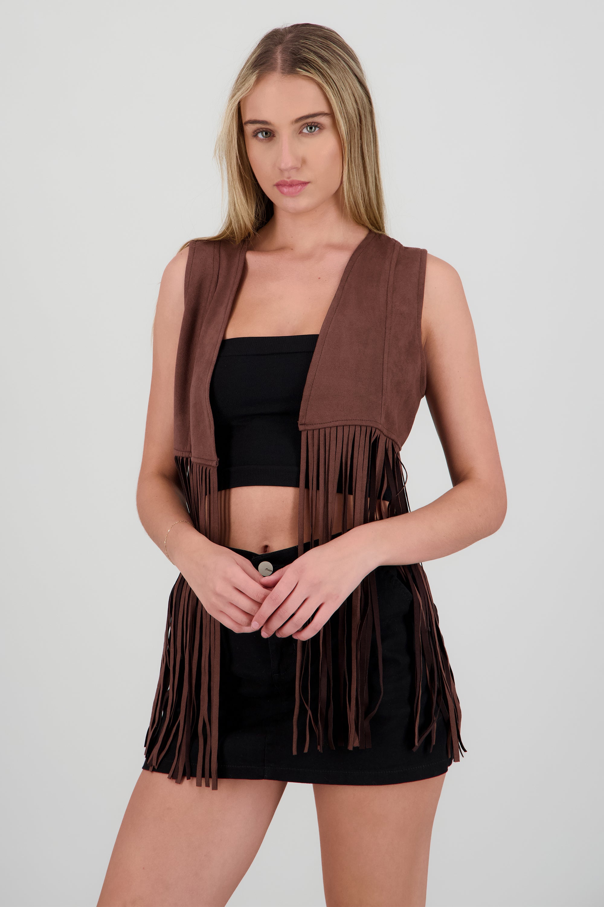 Chaleco liso suede detalle fringe CHOCOLATE