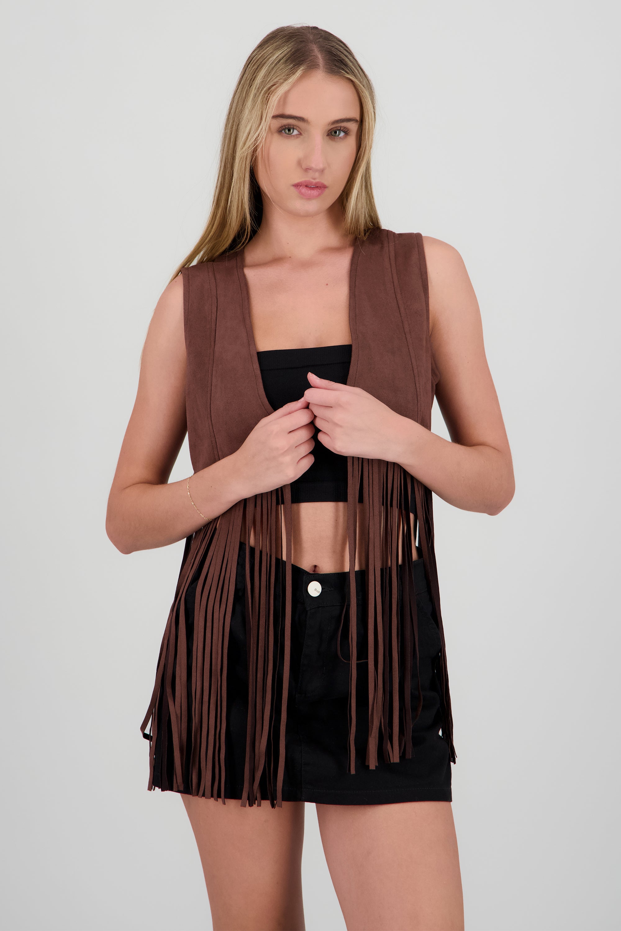 Chaleco liso suede detalle fringe CHOCOLATE