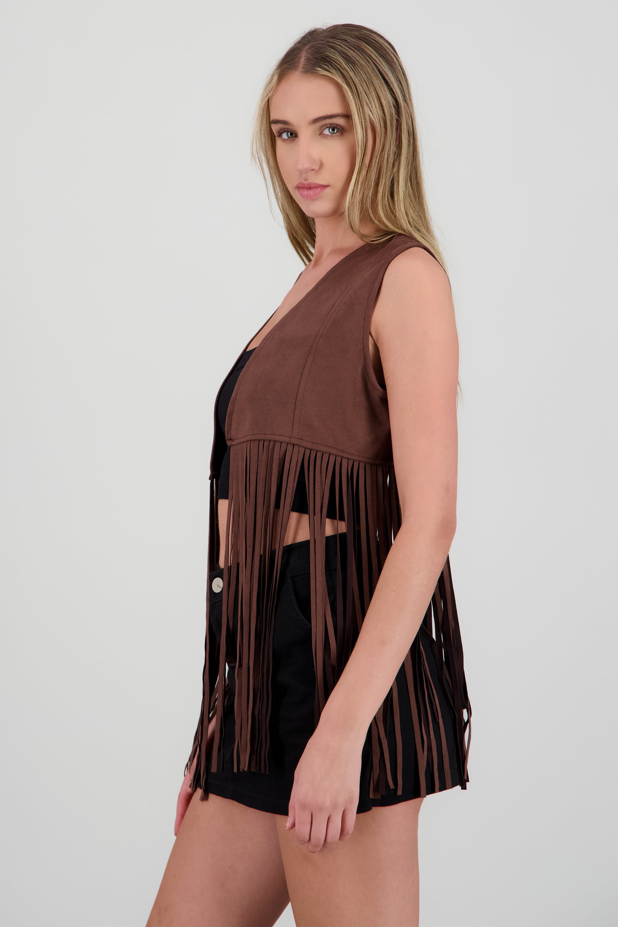 Chaleco liso suede detalle fringe CHOCOLATE