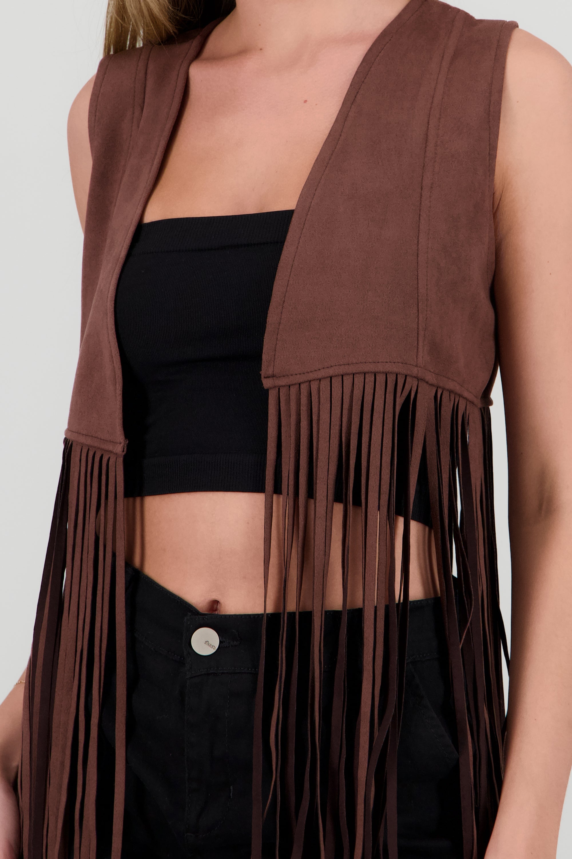 Chaleco liso suede detalle fringe CHOCOLATE