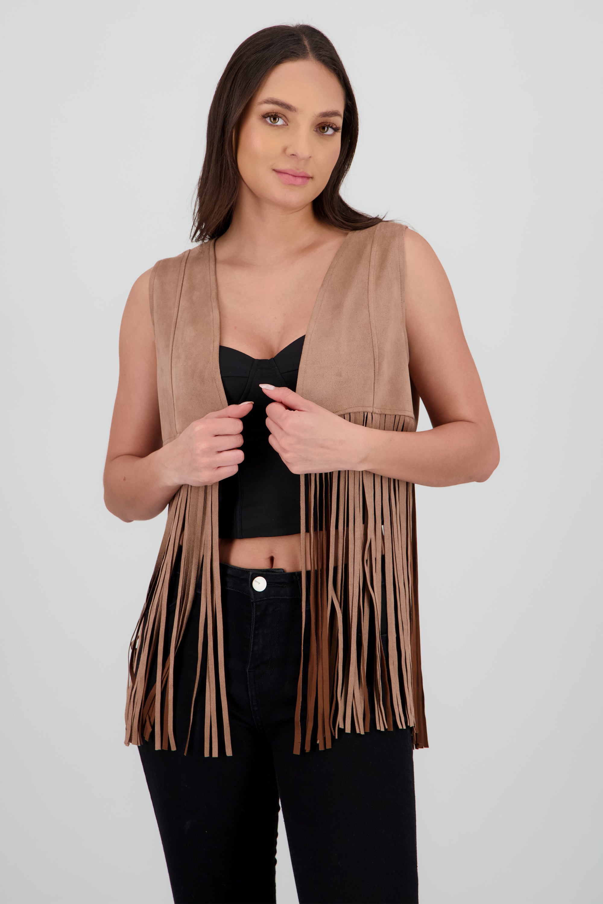 Chaleco liso suede detalle fringe TAUPE
