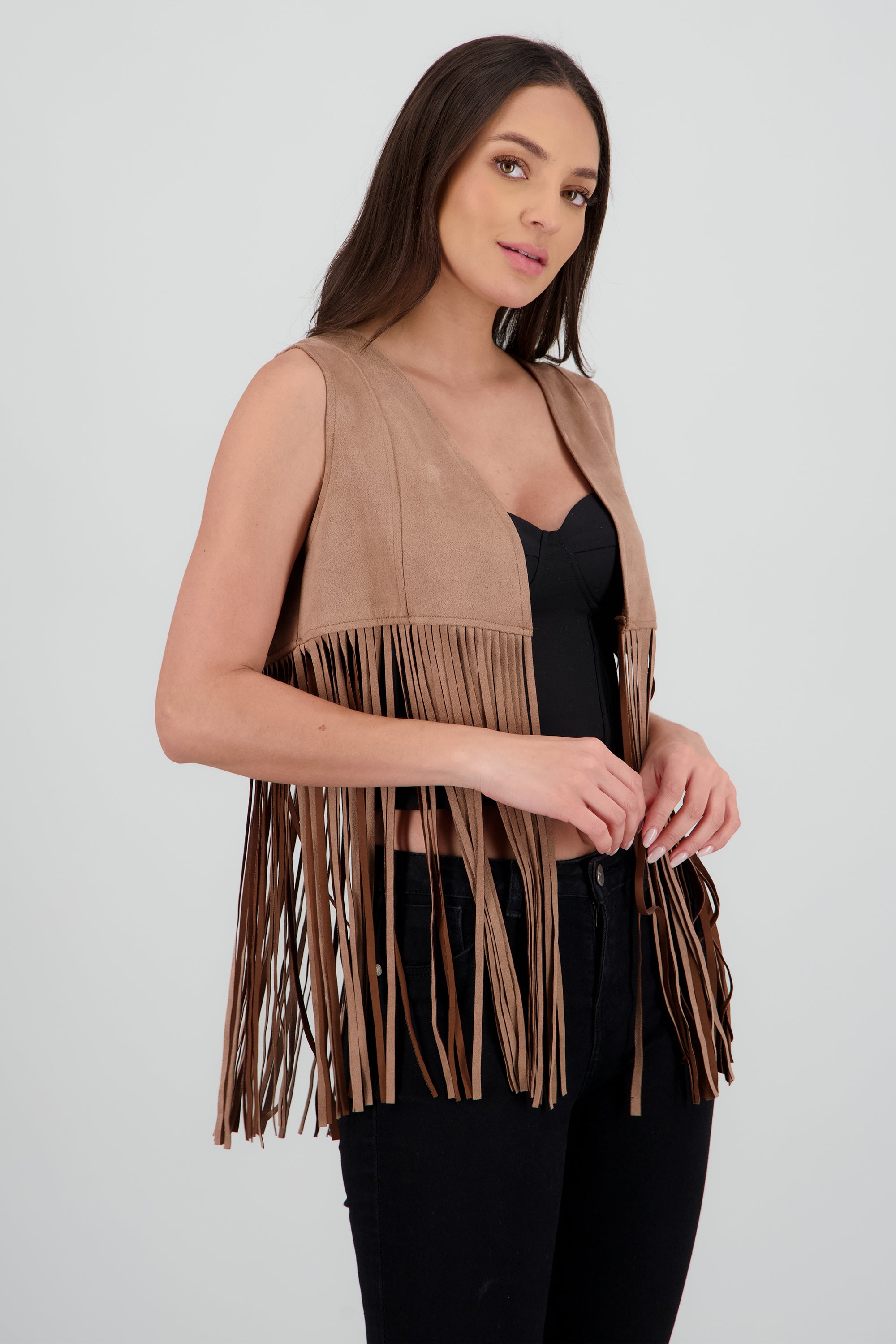 Chaleco liso suede detalle fringe TAUPE