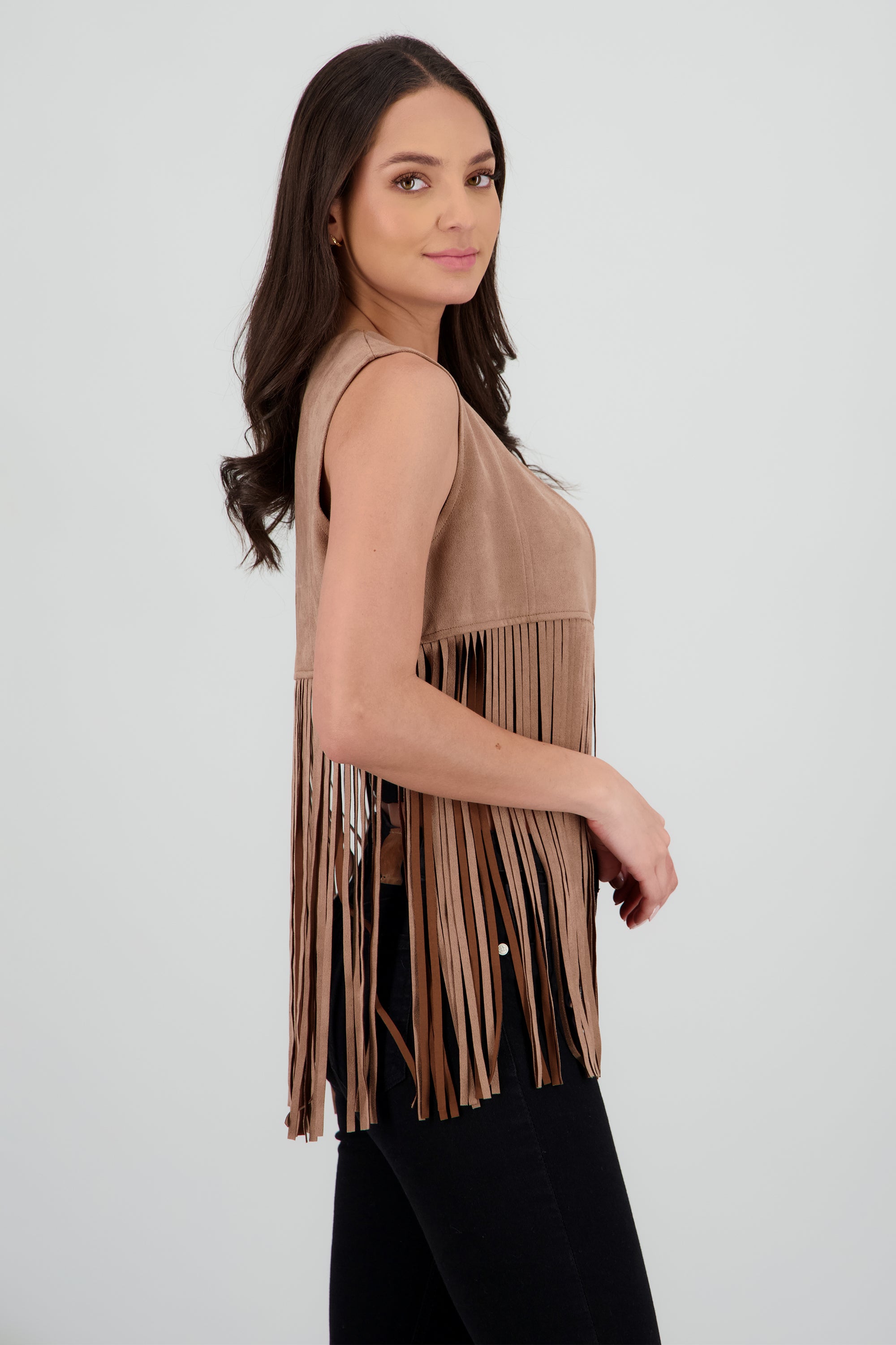 Chaleco liso suede detalle fringe TAUPE