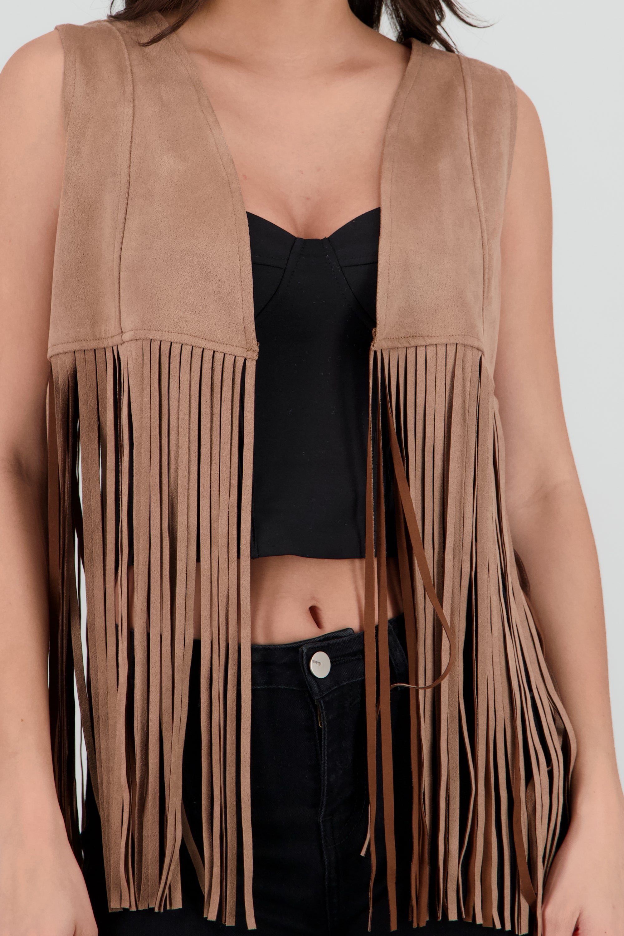 Chaleco liso suede detalle fringe TAUPE