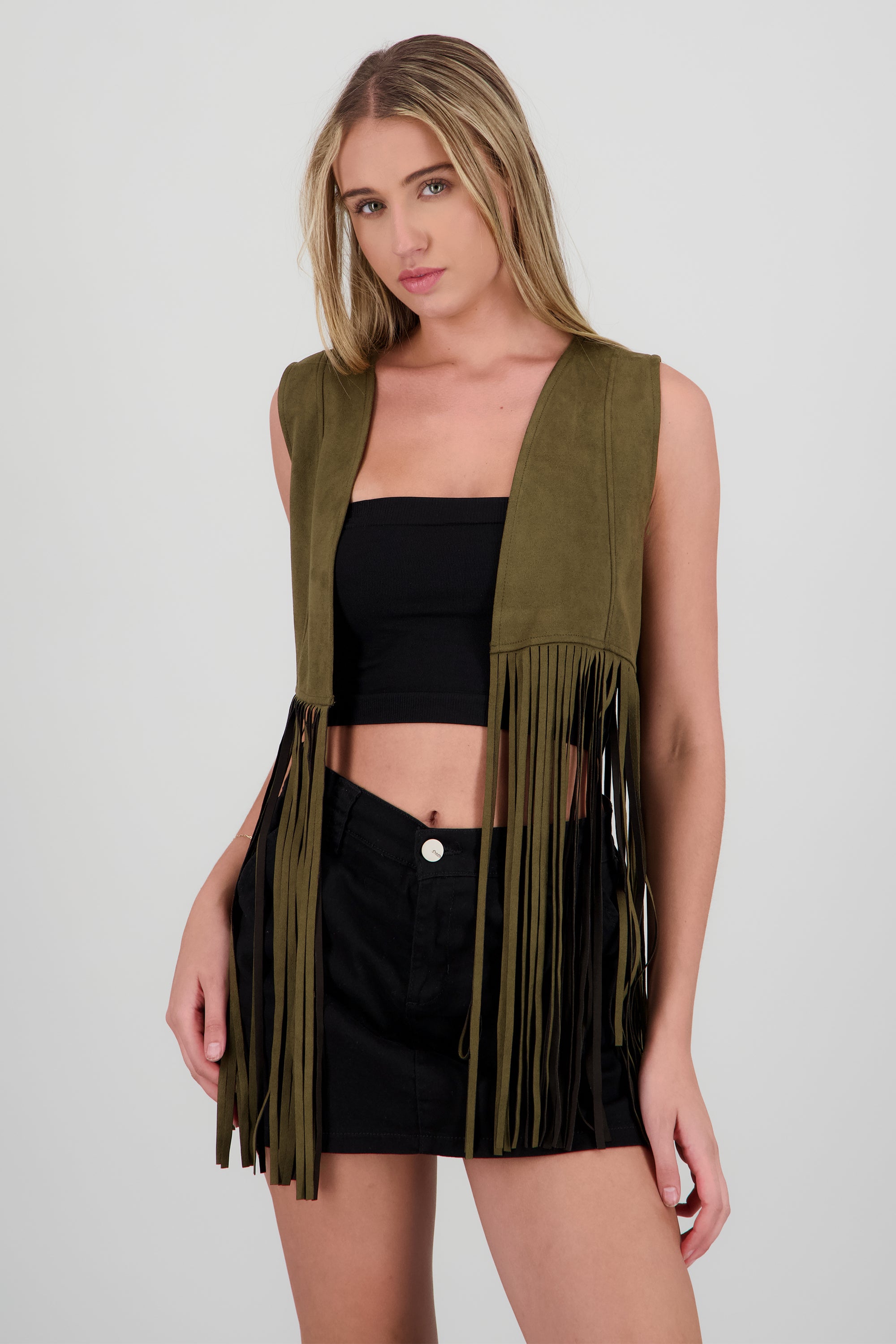 Chaleco liso suede detalle fringe OLIVO