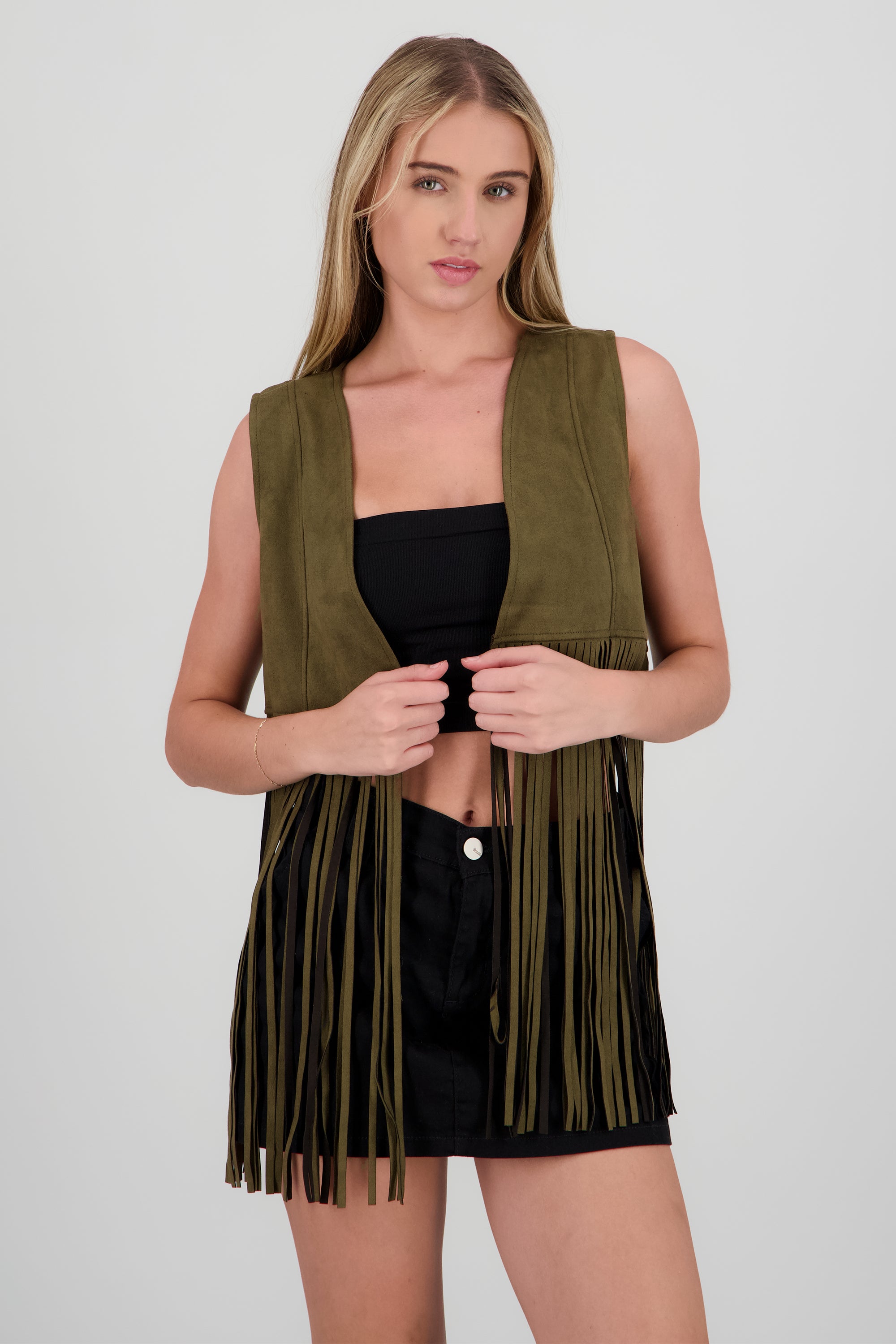 Chaleco liso suede detalle fringe OLIVO