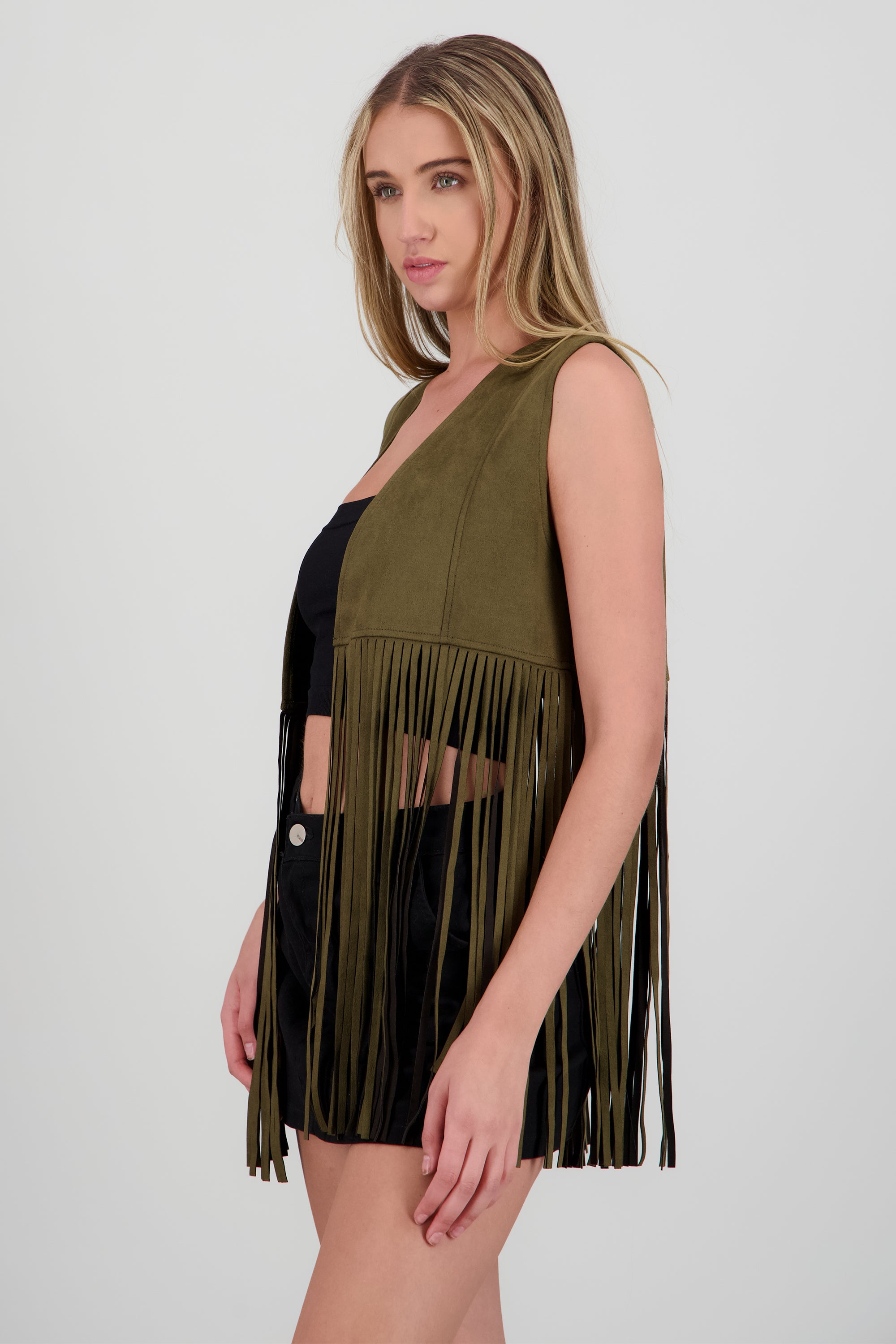 Chaleco liso suede detalle fringe OLIVO