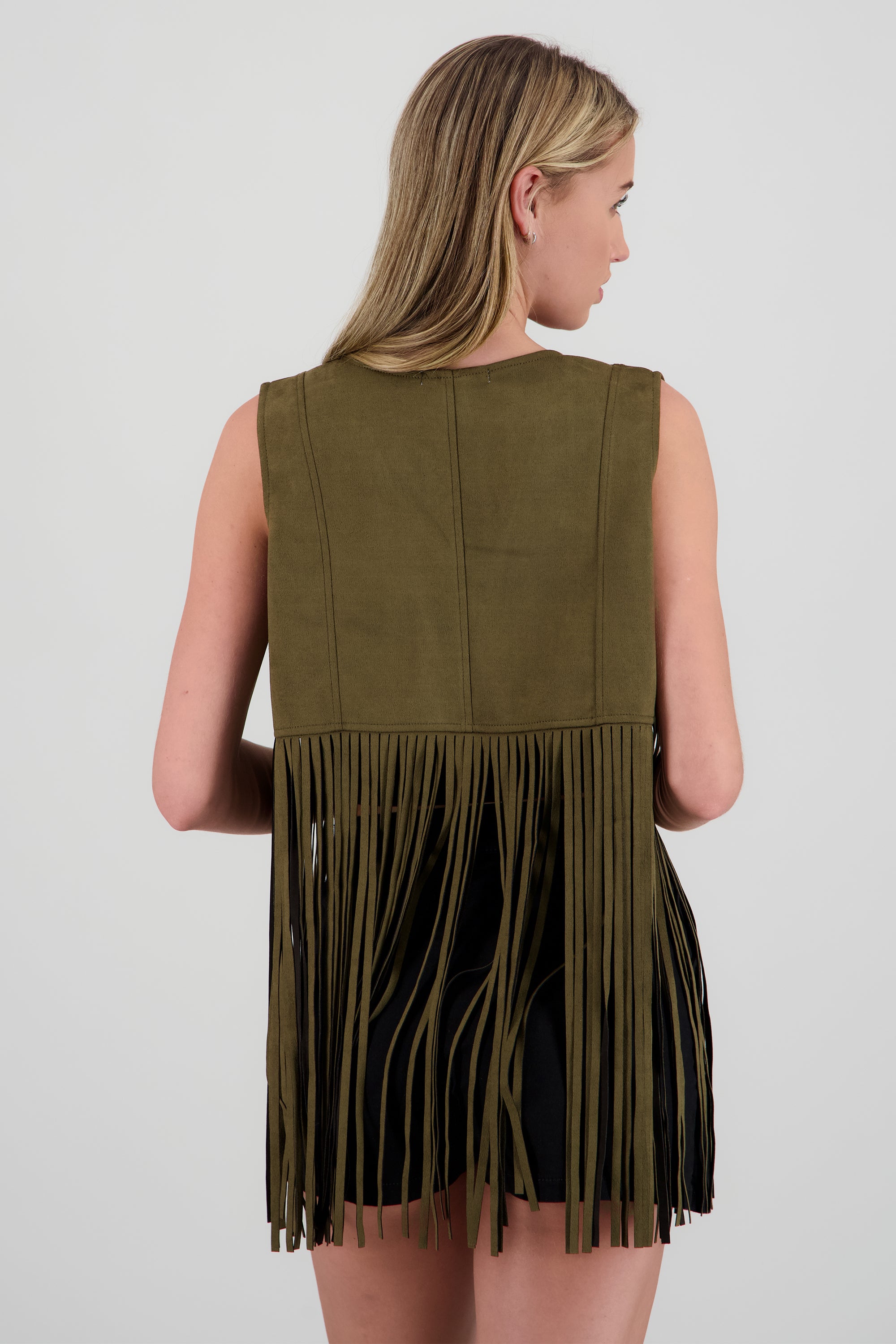 Chaleco liso suede detalle fringe OLIVO
