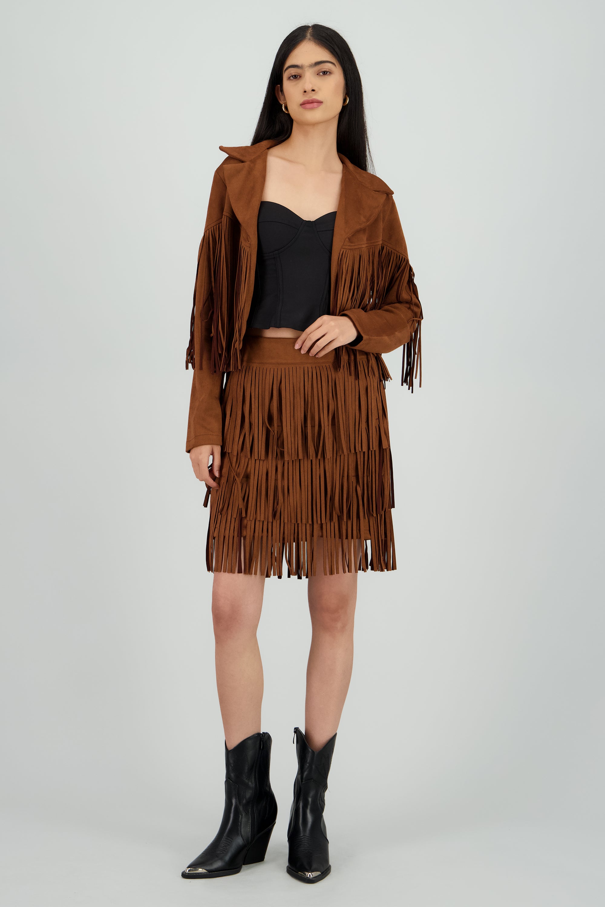 Falda mini detalle fringe suede CAMELLO