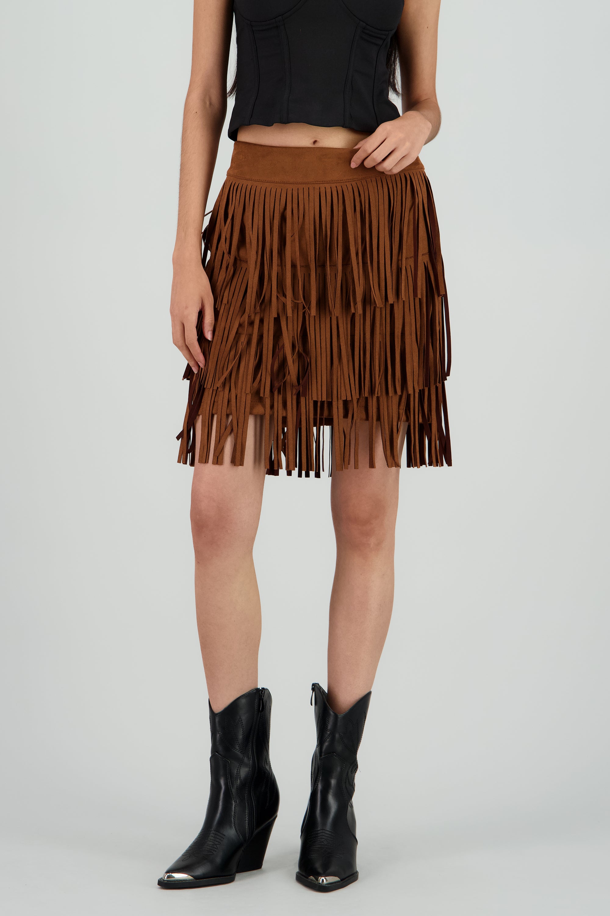 Falda mini detalle fringe suede CAMELLO