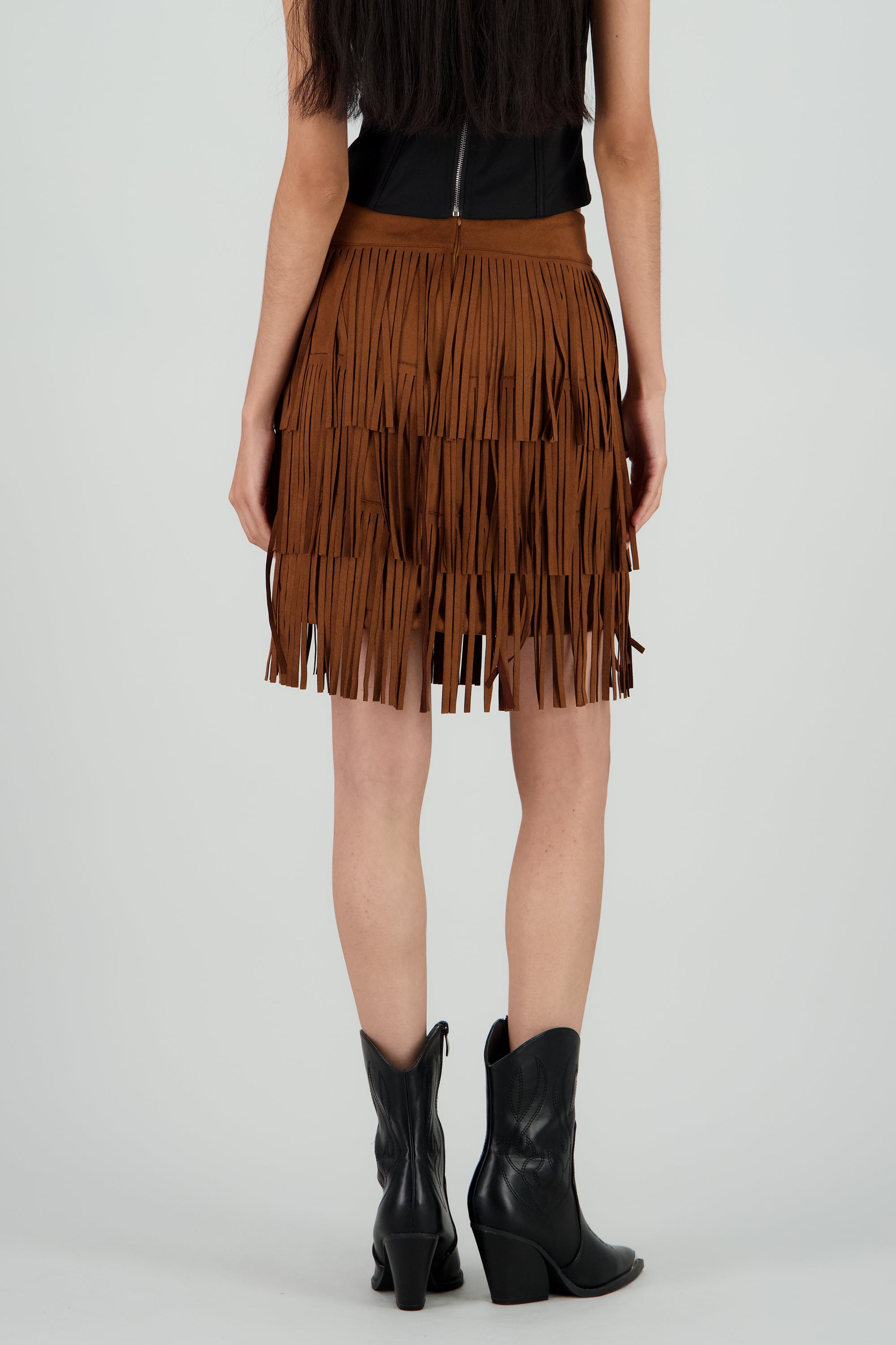 Falda mini detalle fringe suede CAMELLO