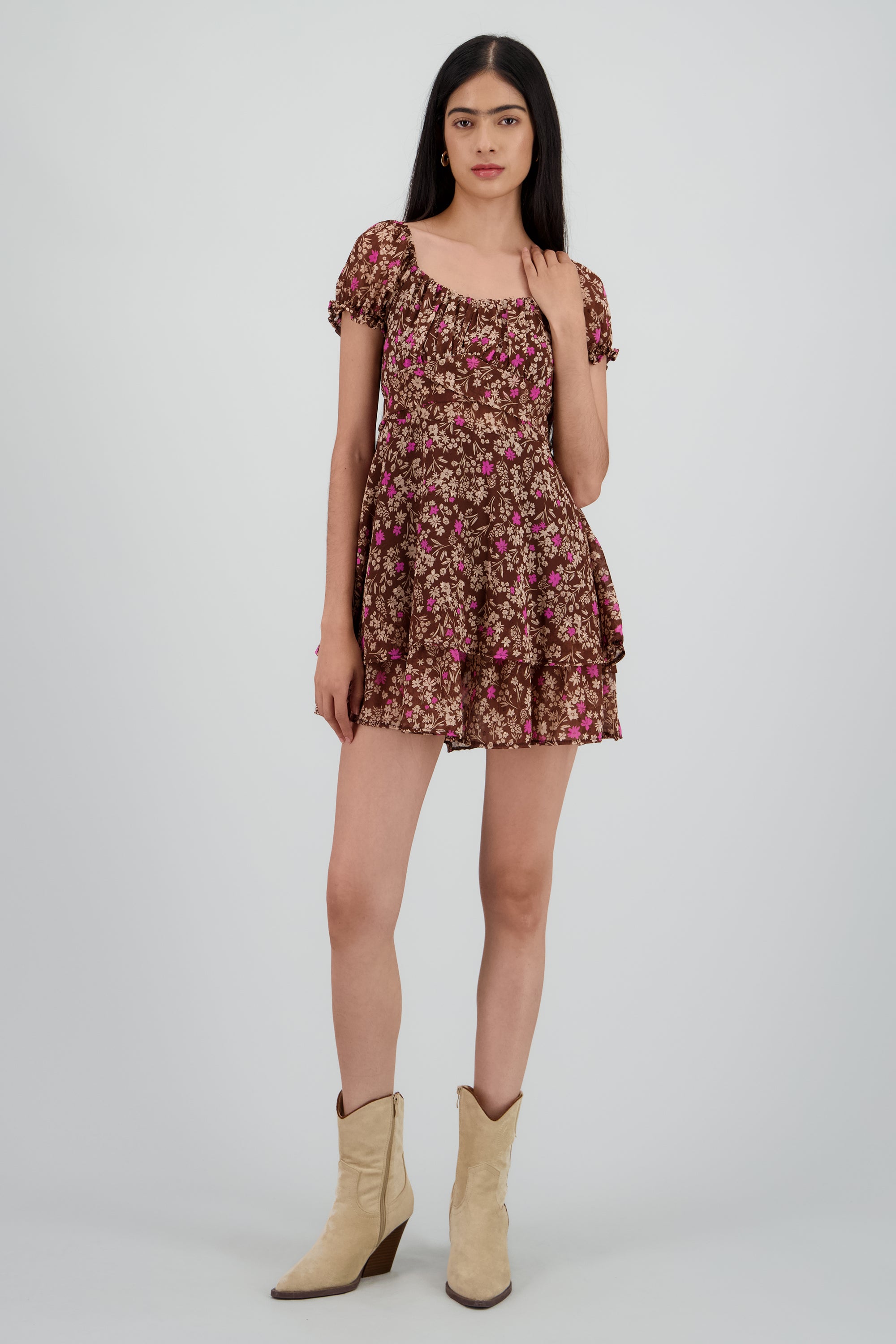 Vestido mini manga abullonada flores CAFE COMBO