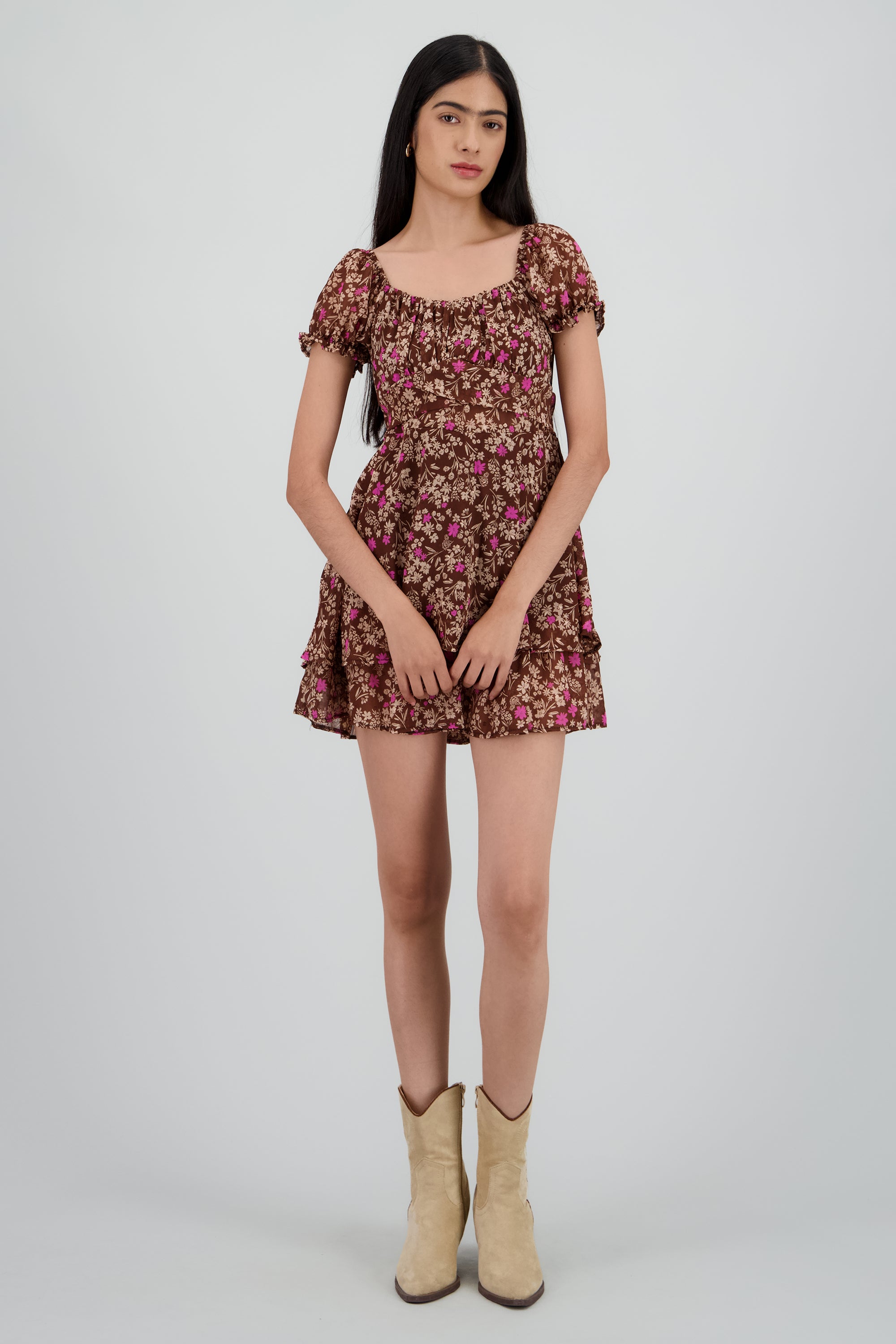 Vestido mini manga abullonada flores CAFE COMBO