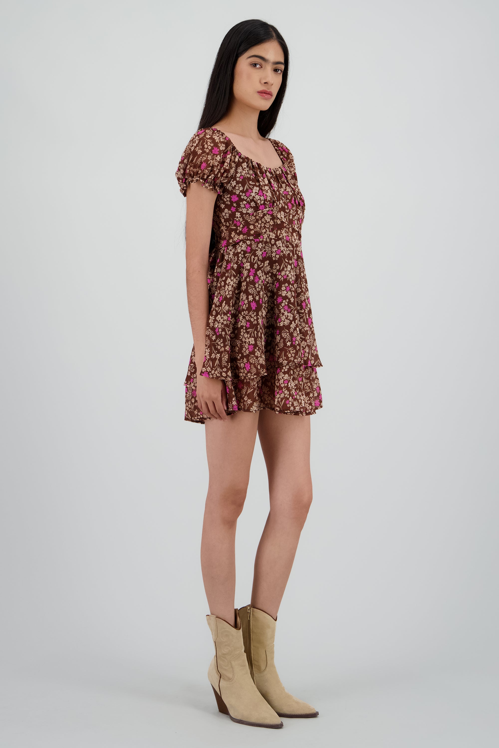 Vestido mini manga abullonada flores CAFE COMBO