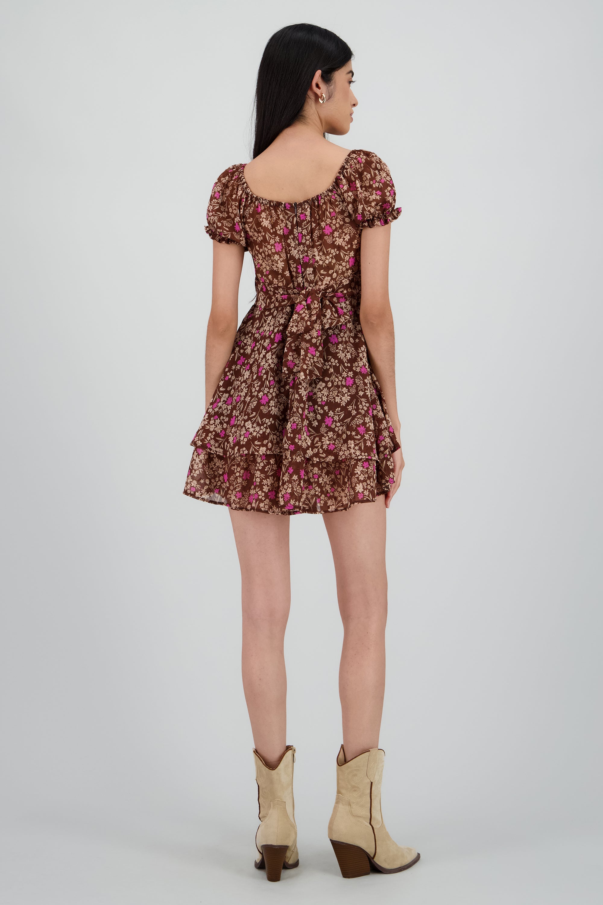 Vestido mini manga abullonada flores CAFE COMBO
